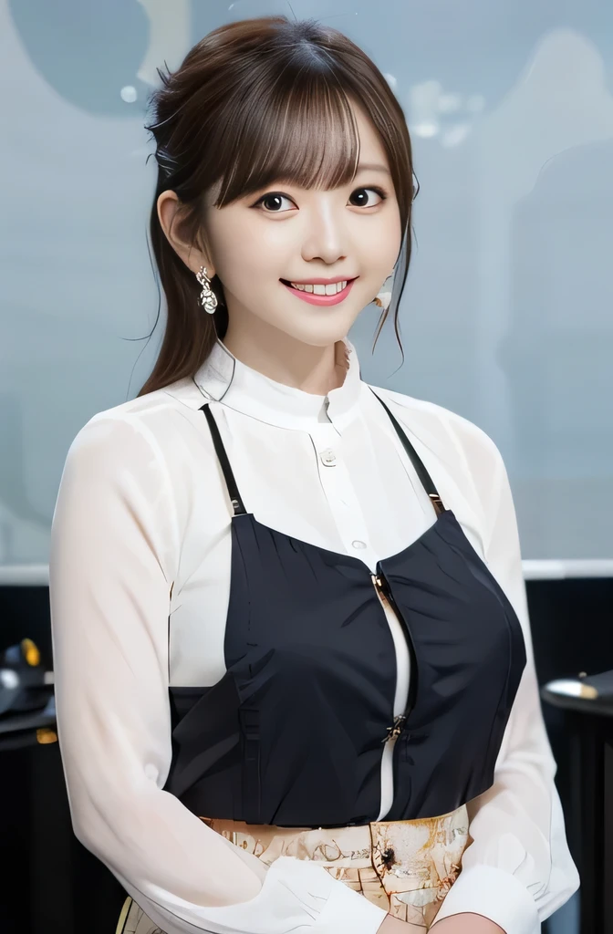 NSFW,highest quality,Ultra-high resolution,japanese news caster,Big Eyes,Beautiful Face,smile,ring,Earrings,looking at the camera,News program studio,Sit on a chair,Short sleeves with collar,business suit,White business skirt,{{{Thighs:1.5}}},From below,Television broadcast,
