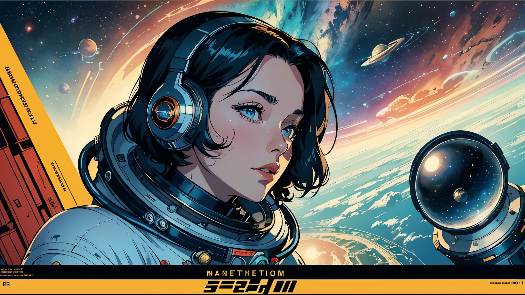 (masterpiece, highest quality), 8k wallpaper, very detailed, poster, vintage science fiction, 1960s,(((space thriller cinematic movie poster))), (bauhaus), shape,abstract, mid century modern, movie poster, vintage, Perfect Lady,anime,1970's,halftone,speech bubble