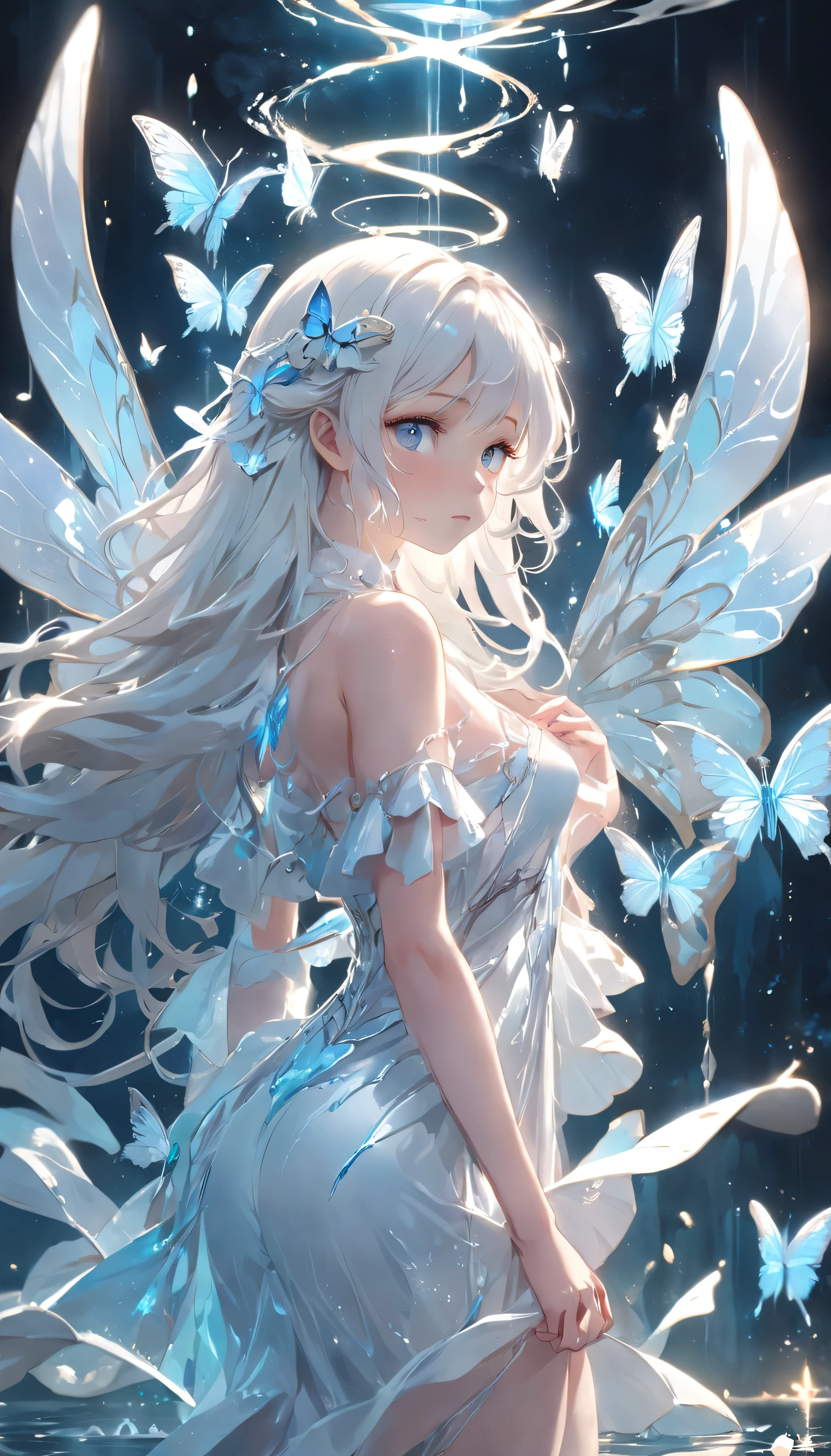 Holy Light Butterfly Angel Girl，Butterfly wings，long whitr hair，Chest shooting(mcu)，in the style of rococo pastel hues，light white and light blue，Incredibly beautiful，white colors，sparkling water reflections，combine，Flowing，hyper realisitc，painting of a，aethereal，Elsa Burda，Elements of mixed reality and fantasy，Ray traching，Intricate patterns，delicate linework，Pressed crystals，Exquisite hands，Shocking，Smooth feet，didn't wear socketiculous feet