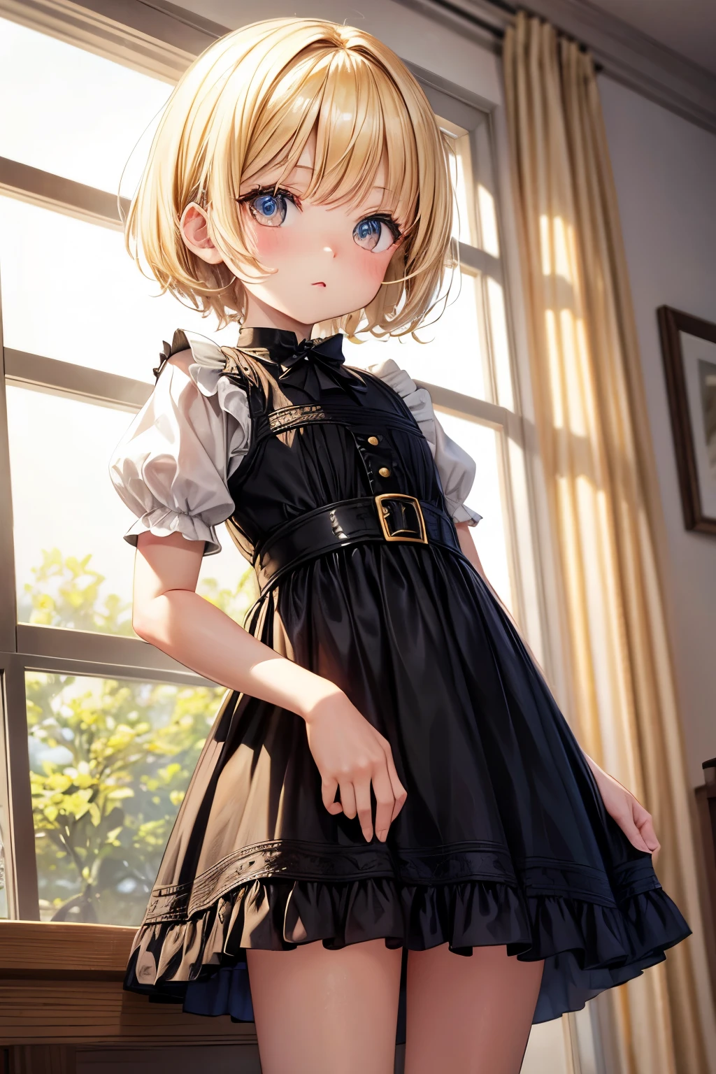blonde short hair,Golden Eyes,loli,little girl,dress