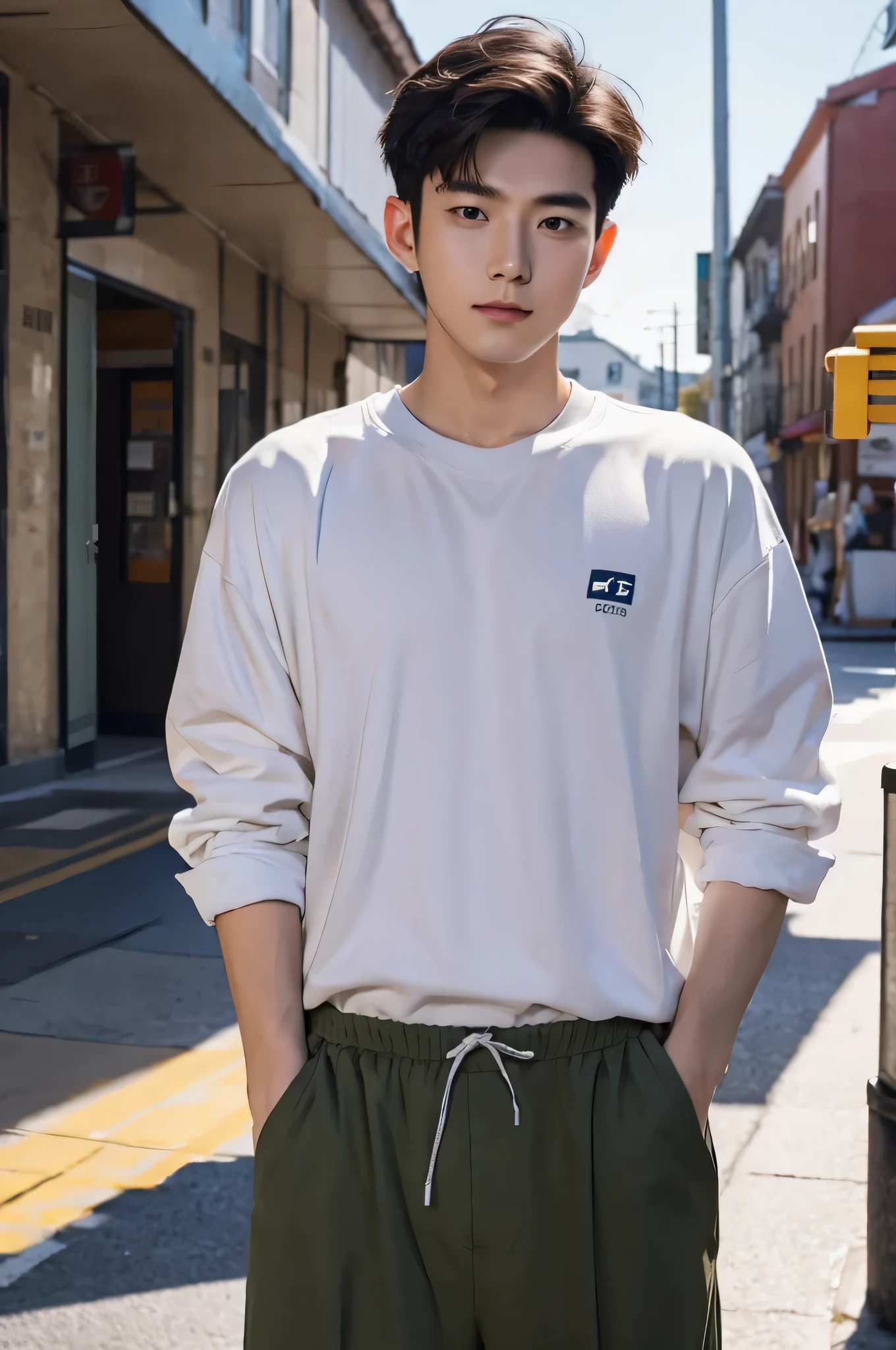 Draw a handsome 2D Korean male senior in his 20s who warmly welcomes new students.