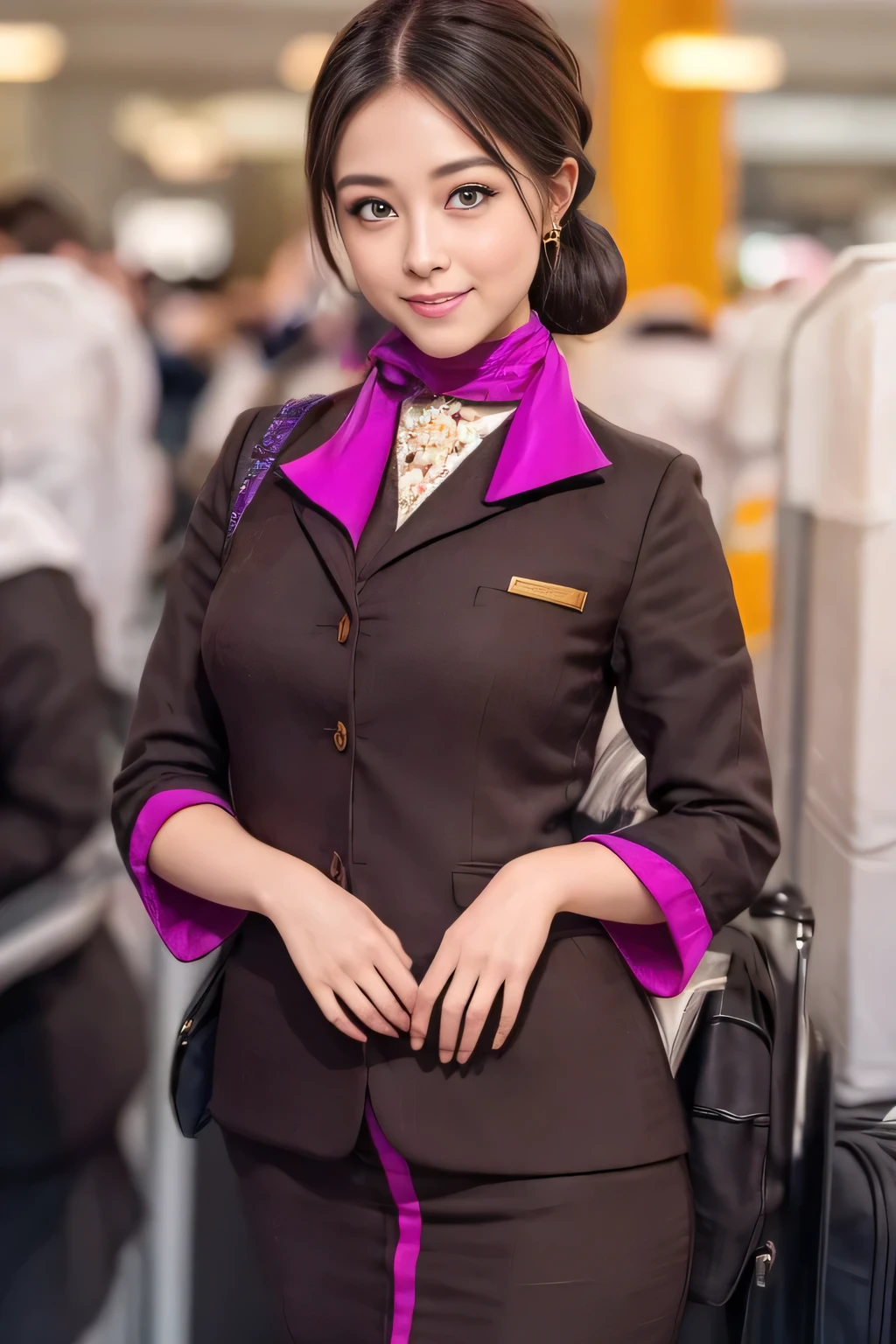 (masterpiece:1.2、highest quality:1.2)、32K HDR、High resolution、(alone、1 girl、Slim figure)、（A realistic reproduction of the ETIHAD Airways Cabincrew Uniform）、 (At the airport counter, Professional Lighting)、Airport counter wall background、A proper woman, Beautiful Face,、（Long sleeve ETIHAD Airways Cabincrew Uniform）、（ETIHAD Airways Cabincrew Uniform skirt with purple stripe on the front）、（scarf on chest）、Big Breasts、（Long Hair Up、Hair Bun）、Dark brown hair、Long Shot、（（Great hands：2.0））、（（Harmonious body proportions：1.5））、（（Normal limbs：2.0））、（（Normal finger：2.0））、（（Delicate eyes：2.0））、（（Normal eyes：2.0））)、Beautiful standing posture、smile、Place your hands around your stomach