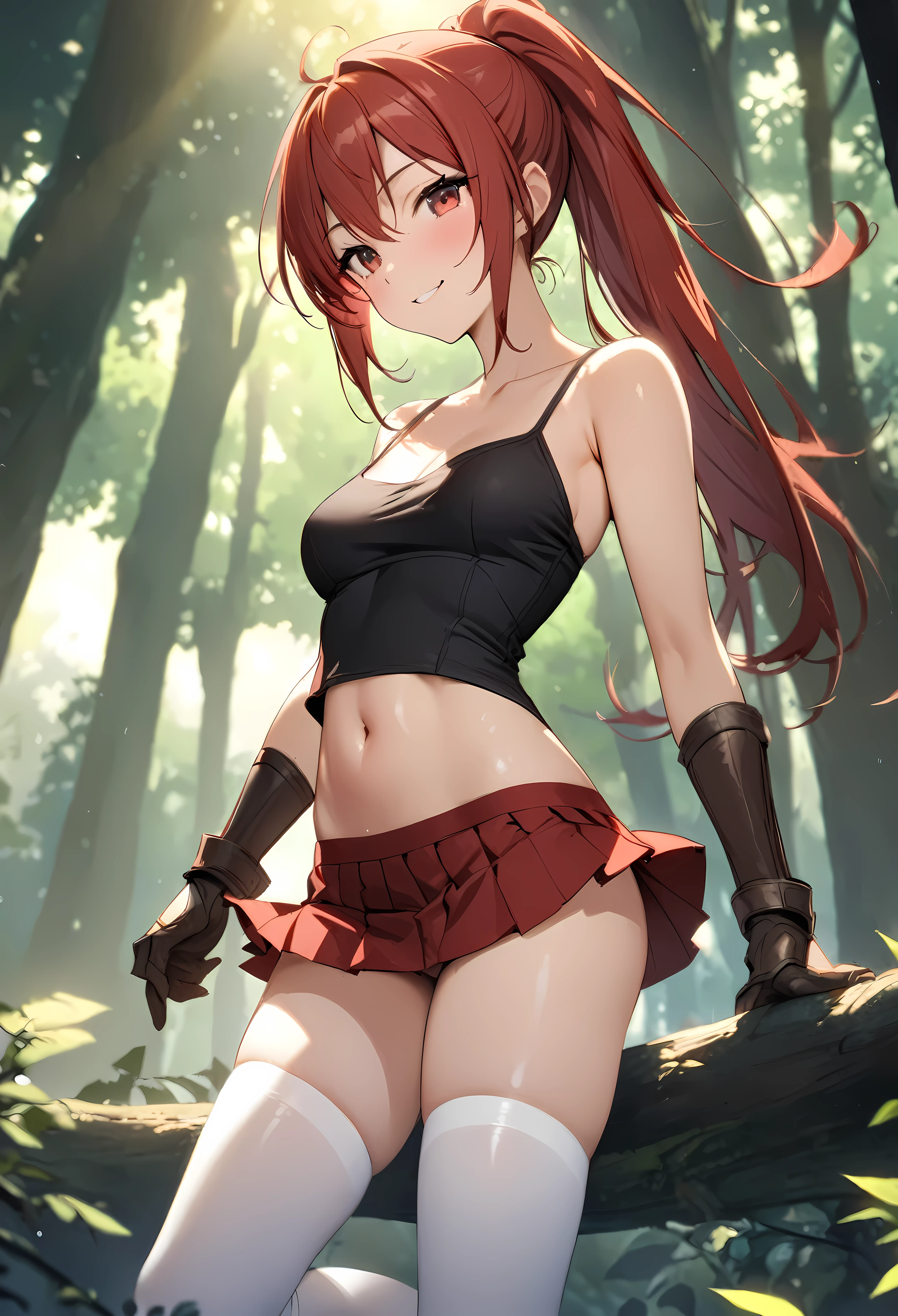 ((masterpiece, highest quality:1.3)),Female Thief、cowboy shot,25 year old beauty,solo,((very small head)),red hair,ponytail hair,long hair,red eyes,blunt,skinny,medium breasts,((long body)),slender body,skinny,shiny skin,oily skin,A strong smile、Tight black camisole、Crop length、navel、Short sleeve、Brown Leather Gauntlets、Pleated red mini skirt、white_thighhighs、forest、Sunlight filtering through the trees、