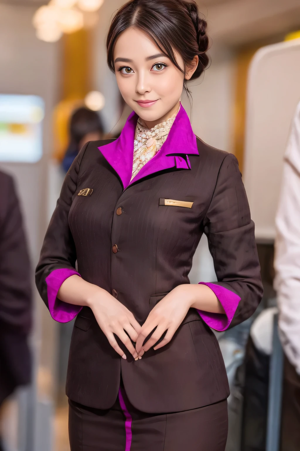 (masterpiece:1.2、highest quality:1.2)、32K HDR、High resolution、(alone、1 girl、Slim figure)、（A realistic reproduction of the ETIHAD Airways Cabincrew Uniform）、 (At the airport counter, Professional Lighting)、Airport counter wall background、A proper woman, Beautiful Face,、（Long sleeve ETIHAD Airways Cabincrew Uniform）、（ETIHAD Airways Cabincrew Uniform skirt with purple stripe on the front）、（scarf on chest）、Big Breasts、（Long Hair Up、Hair Bun）、Dark brown hair、Long Shot、（（Great hands：2.0））、（（Harmonious body proportions：1.5））、（（Normal limbs：2.0））、（（Normal finger：2.0））、（（Delicate eyes：2.0））、（（Normal eyes：2.0））)、Beautiful standing posture、smile、Place your hands around your stomach