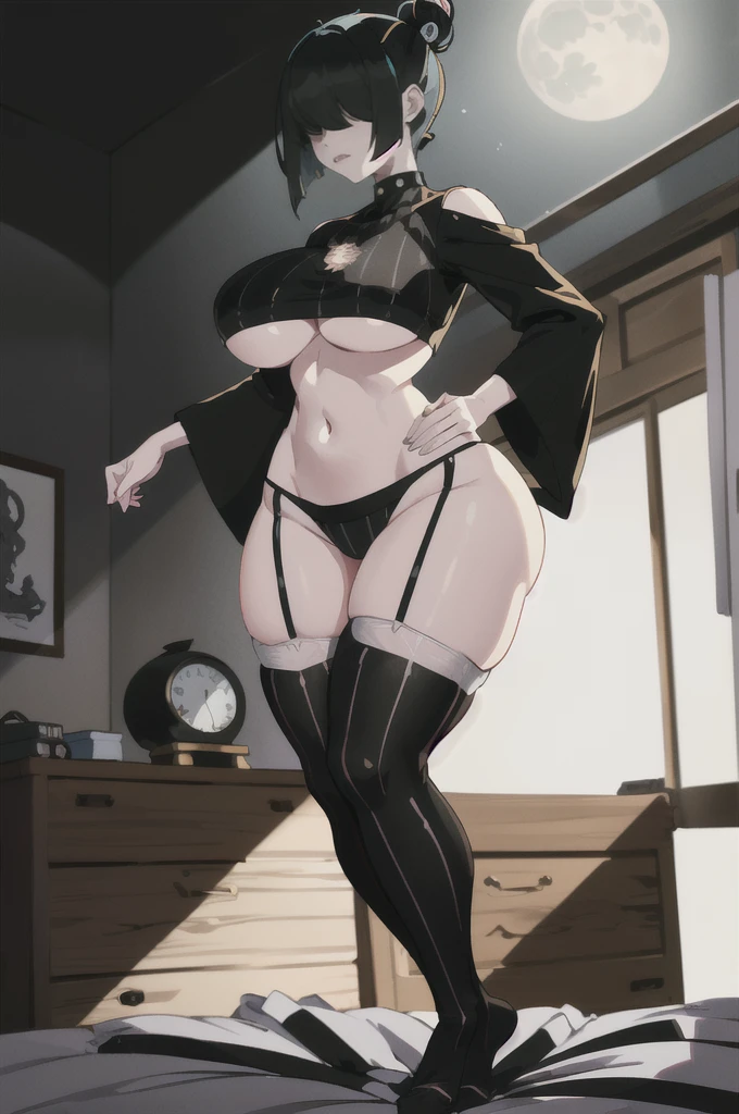 ((best quality, ultra-detailed, best illustration, best shadow, masterpiece, high res, professional artwork, famous artwork, anime drawing)), (1girl, solo), Reze, black spiked choker, hair between eyes, multicolor hair, black hair, hair bun, short hair, GothicC, (black hair:1.5, dyed hair, two-tone hair:1.3), black lipstick, black eyeliner, pale skin, outdoors, night, (((hair over eyes, bangs hair over eyes, bangs hair style))), ((((((extremely big breasts, extremely wide hips, extremely big ass, extremely big , extremely big hips, extremely big ass)))))), ((((wearing small tight white G-string, very small white G-string, extremely short loose black crop top, very short loose black crop top, white and black multi-striped stockings)))), in bedroom, standing in front of bed, standing, night time,, backlit with moonlight, moonlight, Japanese themed room,