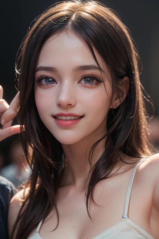 (best quality,4k,8k,highres,masterpiece:1.2), ultra-detailed, (realistic,photorealistic,photo-realistic:1.37),(beautiful detailed eyes, beautiful detailed lips, extremely detailed eyes and face, long eyelashes),studio lighting,physically-based rendering,vivid colors,(Smart phones, selfies, peace signs, big smiles),G cup