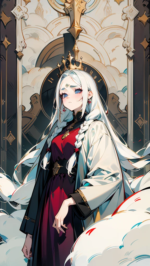 Medieval dress on a woman with white long hair, albino woman, white lashes, white brows, wavy hair,braided hair, medieval hairstyle,detailed hairstyle, natural white hair,dragon queen,black dress,red dress, purple dress,vampire queen, queen, game of thrones style, epic detailed, many details, beautiful accessories, crown, medieval princess, medieval gown,hd, masterpiece, best quality, looking majestic