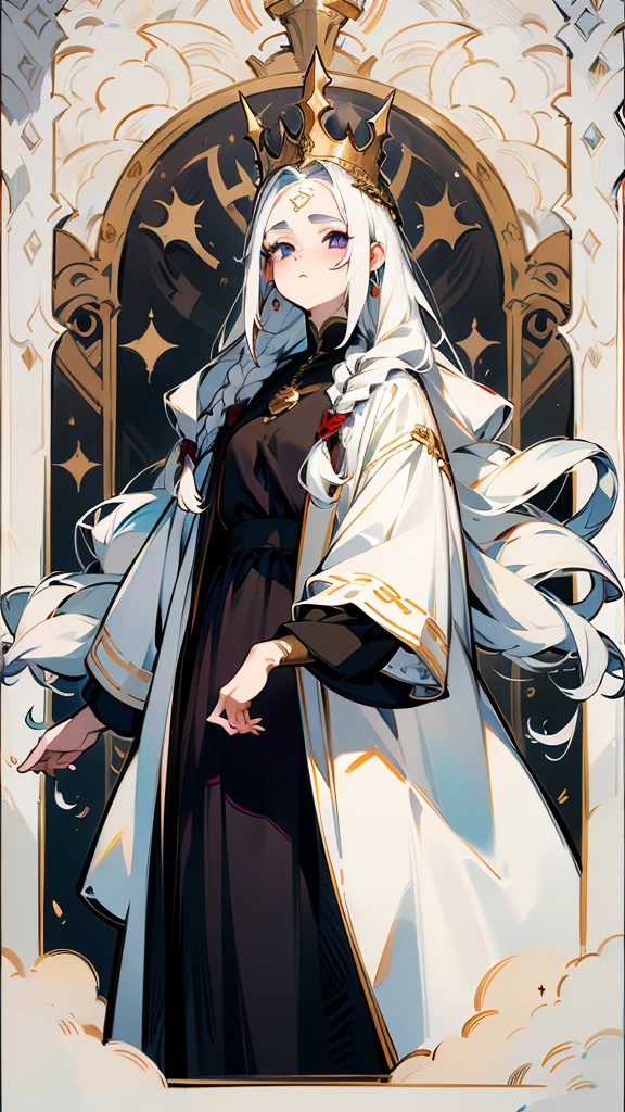 Medieval dress on a woman with white long hair, albino woman, white lashes, white brows, wavy hair,braided hair, medieval hairstyle,detailed hairstyle, natural white hair,dragon queen,black dress,red dress, purple dress,vampire queen, queen, game of thrones style, epic detailed, many details, beautiful accessories, crown, medieval princess, medieval gown,hd, masterpiece, best quality, looking majestic