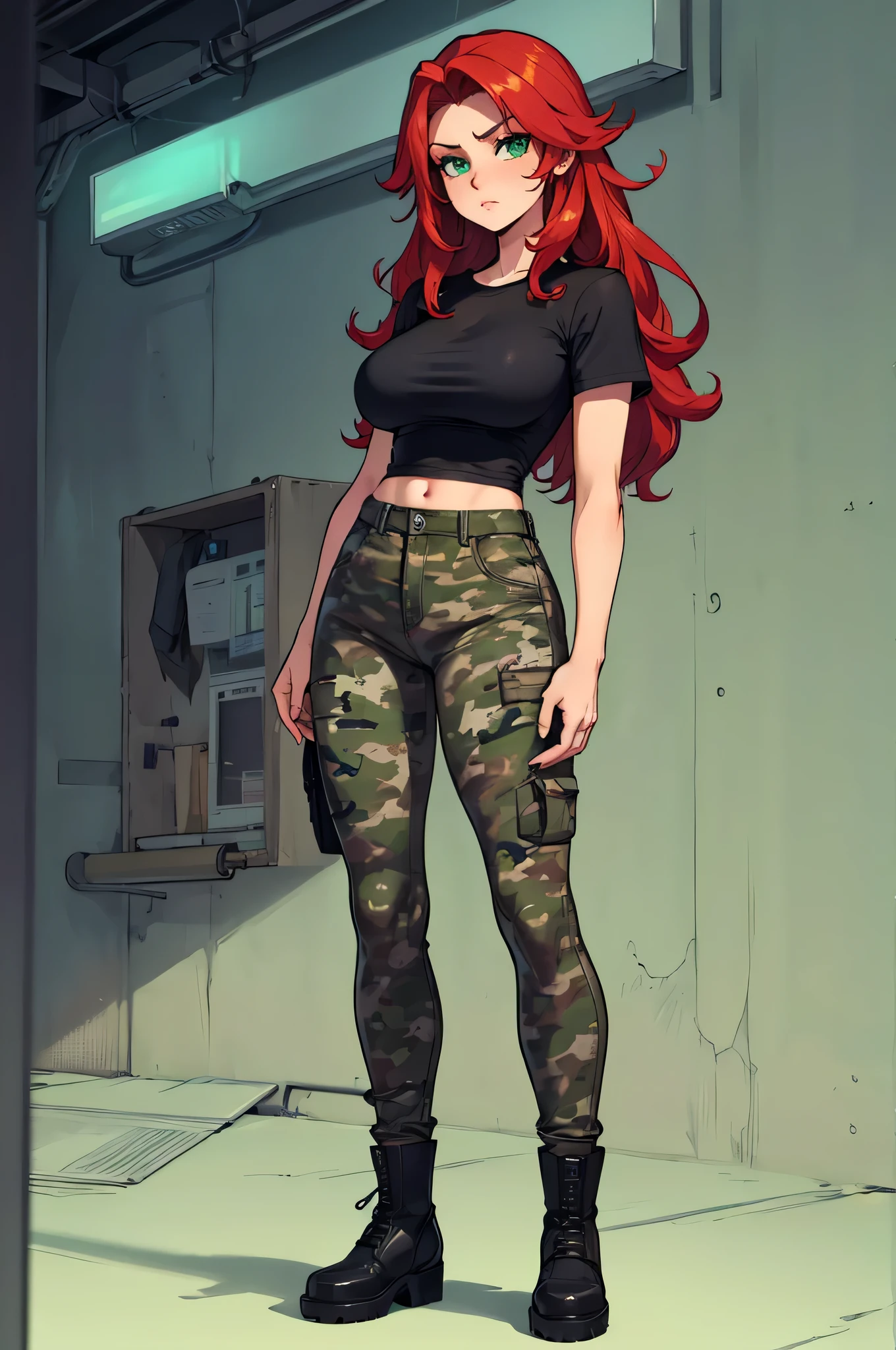 green solid background, 1 woman, best quality, ultra high res, long straight hair, red hair, green eyes, camo pants, no graphic white t-shirt, short sleeves, mad at viewers, double D breast, standing, full body