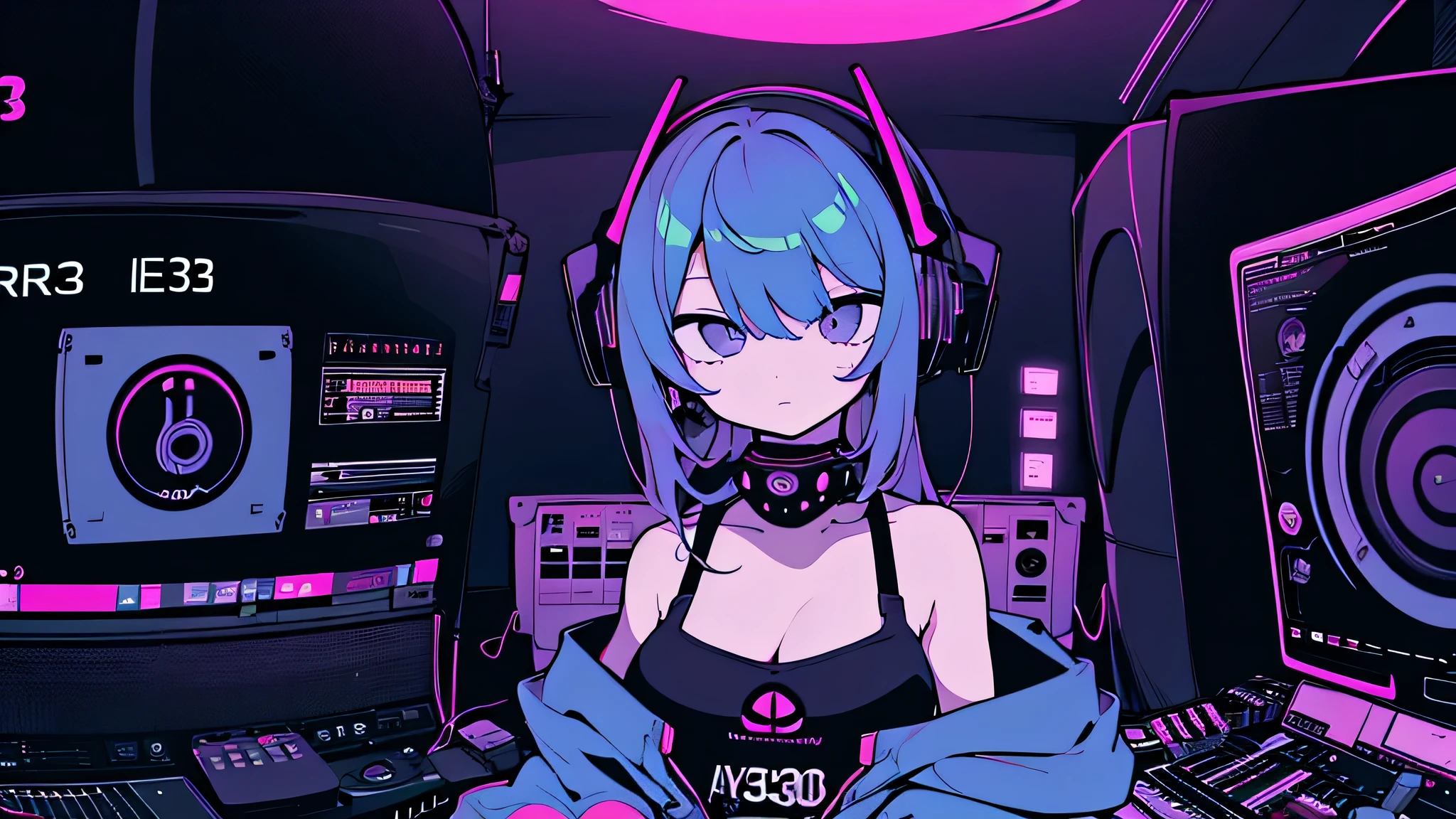 Best quality, (masterpiece:1.2), best detail face,1 girl, big breasts, 18 yo, 8k,absurdres,unity 8k wall paper,(extremely detailed:1.3), highest realistic, (headphones:1.1), (soft neon light:1.1), (floating hair:1.2), (psychedelic:1.2), Her room full of music equipment, loungewear, (((Roland TB-303 Synthesizer))), loose loungewear, Looks listless, See the whole room, dark purple color palette