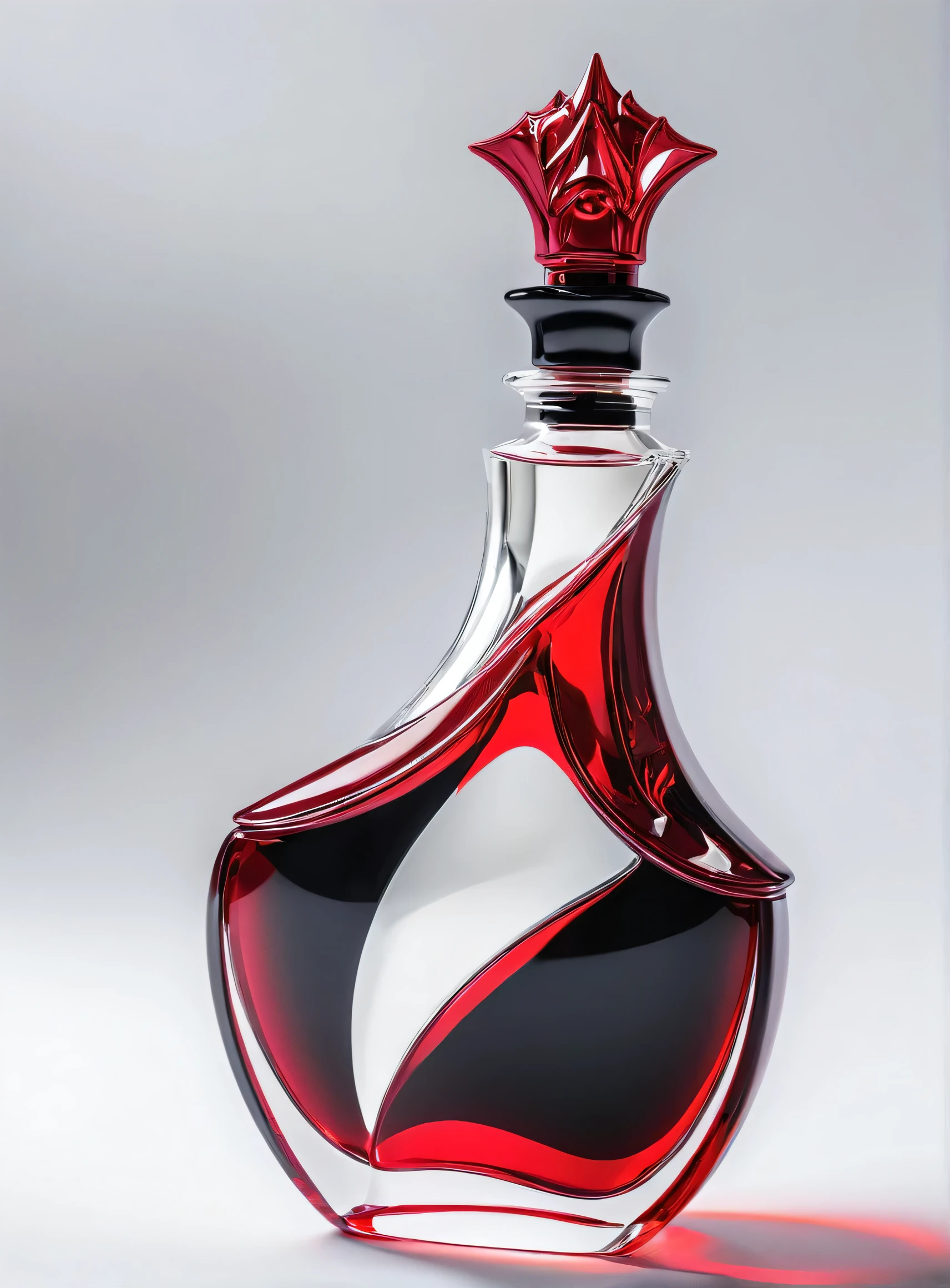 (masterpiece, highest quality, highest quality, Official Art, beautifully),(8k, highest quality, masterpiece:1.2),(((No humans))), CG products asw, No humanetallic))), (((Attach metallic ribbon)))、White background、Red and black theme、Depth of written boundary,Blurred (((Whitebackground)))、Spotlight、One perfume、The contents of the perfume shine beautifully、Bright and overall、The bottle design is simple and small.、The cap is black。(((『Crimson』)))Do not enter any other characters。Crimson、((Only one bottle))、No text、No logo
