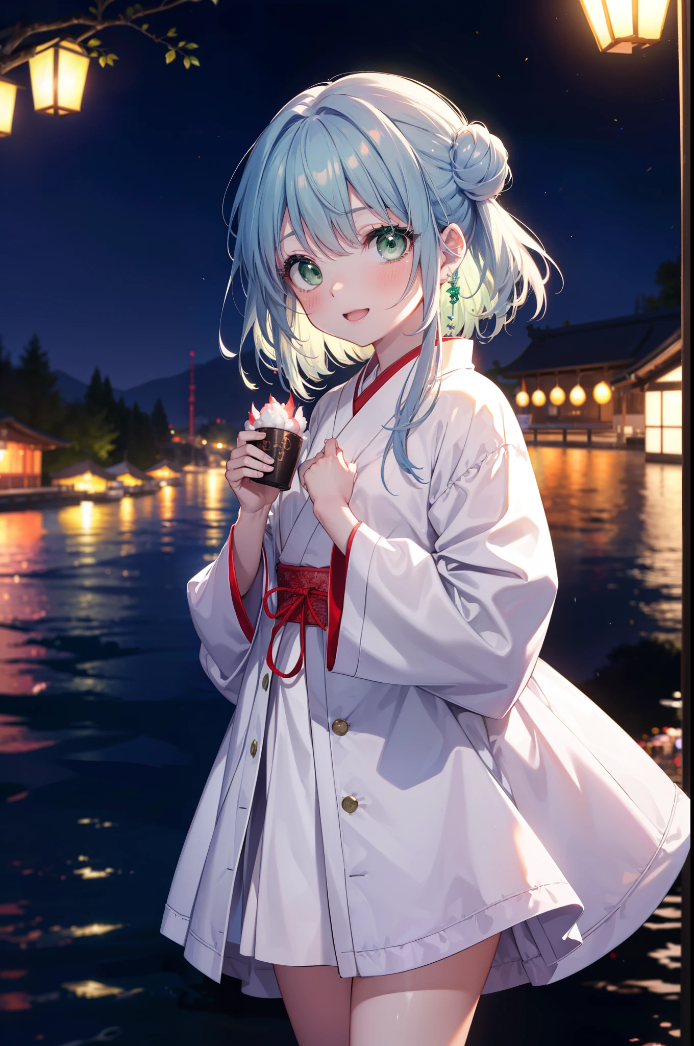 index, index, (Green Eyes:1.5), Blue Hair, Long Hair, (Flat Chest:1.2),smile,blush,Happy atmosphere,Open your mouth,Long Hair,Hair Bun, double Hair Bun,White bathrobe,Long sleeve,mini skirt,Sandals,White tabi,night空の花火,Fireworks display,Japanese Festivals,Summer festival food stalls,Red Lantern, night,whole bodyがイラストに入るように,Looking down from above,He is holding cotton candy in his right hand,
break outdoors, shrine, break looking at viewer,whole body,(Cowboy Shot:1. 5)
break (masterpiece:1.2), highest quality, High resolution, unity 8k wallpaper, (shape:0.8), (Beautiful and beautiful eyes:1.6), Highly detailed face, Perfect lighting, Extremely detailed CG, (Perfect hands, Perfect Anatomy),
