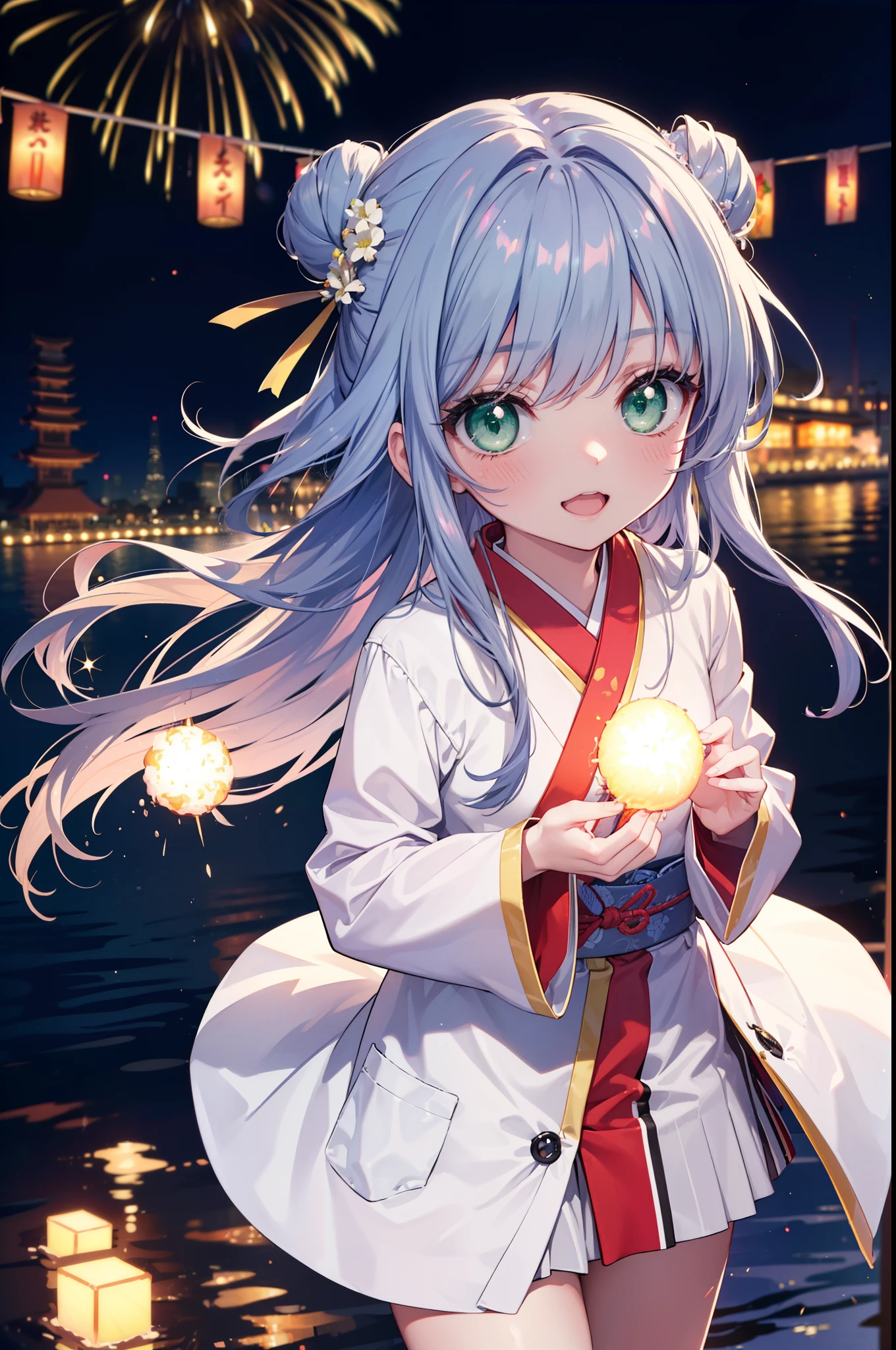 index, index, (Green Eyes:1.5), Blue Hair, Long Hair, (Flat Chest:1.2),smile,blush,Happy atmosphere,Open your mouth,Long Hair,Hair Bun, double Hair Bun,White bathrobe,Long sleeve,mini skirt,Sandals,White tabi,night空の花火,Fireworks display,Japanese Festivals,Summer festival food stalls,Red Lantern, night,whole bodyがイラストに入るように,Looking down from above,He is holding cotton candy in his right hand,
break outdoors, shrine, break looking at viewer,whole body,(Cowboy Shot:1. 5)
break (masterpiece:1.2), highest quality, High resolution, unity 8k wallpaper, (shape:0.8), (Beautiful and beautiful eyes:1.6), Highly detailed face, Perfect lighting, Extremely detailed CG, (Perfect hands, Perfect Anatomy),