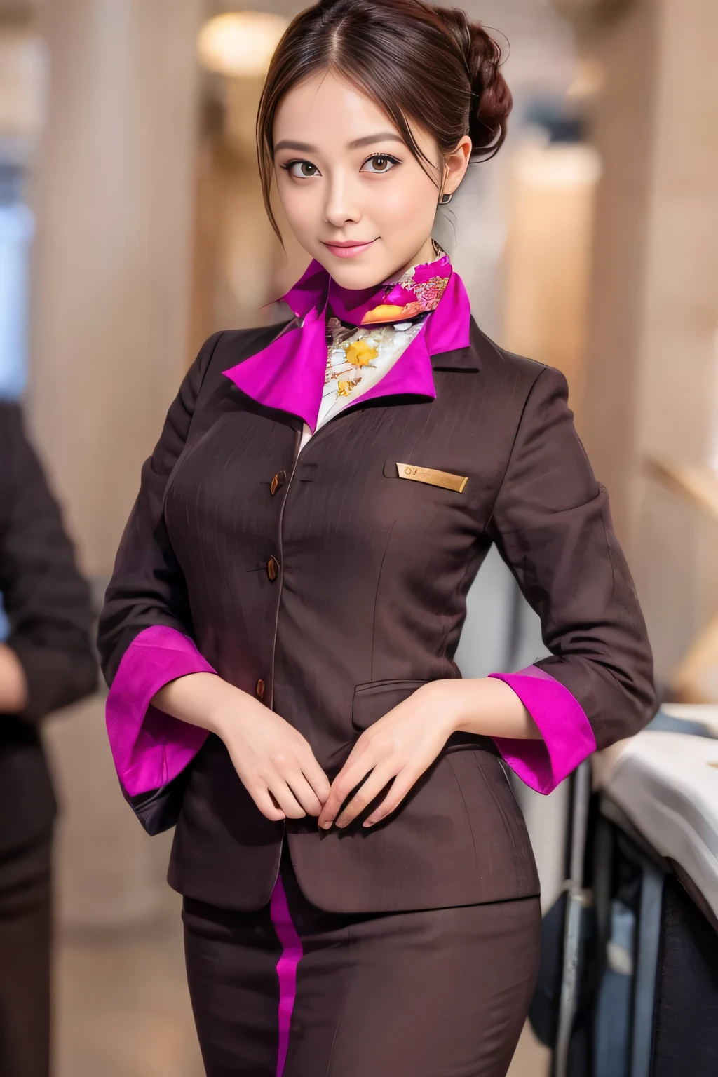 (masterpiece:1.2、highest quality:1.2)、32K HDR、High resolution、(alone、1 girl、Slim figure)、(A realistic reproduction of the ETIHAD Airways Cabincrew Uniform)、 (At the airport counter, Professional Lighting)、Airport counter wall background、A proper woman, Beautiful Face,、(Long sleeve ETIHAD Airways Cabincrew Uniform)、(ETIHAD Airways Cabincrew Uniform skirt with purple stripe on the front)、(scarf on chest)、Big Breasts、(Long Hair Up、Hair Bun)、Dark brown hair、Long Shot、((Great hands:2.0))、((Harmonious body proportions:1.5))、((Normal limbs:2.0))、((Normal finger:2.0))、((Delicate eyes:2.0))、((Normal eyes:2.0)))、Beautiful standing posture、smile、Place your hands around your stomach