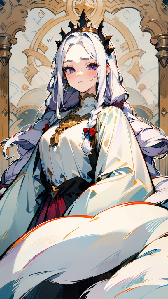 Medieval dress on a woman with white long hair, albino woman, white lashes, white brows, wavy hair,braided hair, medieval hairstyle,detailed hairstyle, natural white hair,dragon queen,black dress,red dress, purple dress,vampire queen, queen, game of thrones style, epic detailed, many details, beautiful accessories, crown, medieval princess, medieval gown,hd, masterpiece, best quality, looking majestic, a painting of a woman with a crown on her head, hyperrealistic fantasy art, beautiful character painting, fantasy portrait art, realistic renaissance portrait, beautiful fantasy art portrait, portrait painting of a princess, realistic fantasy painting, fantasy art portrait, renaissance digital painting, gorgeous digital painting, realistic fantasy artwork, epic fantasy art portrait, detailed matte fantasy portrait, princess portrait