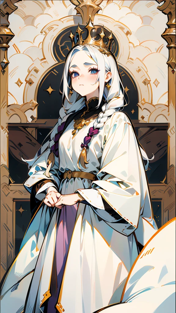 Medieval dress on a woman with white long hair, albino woman, white lashes, white brows, wavy hair,braided hair, medieval hairstyle,detailed hairstyle, natural white hair,dragon queen,black dress,red dress, purple dress,vampire queen, queen, game of thrones style, epic detailed, many details, beautiful accessories, crown, medieval princess, medieval gown,hd, masterpiece, best quality, looking majestic, a painting of a woman with a crown on her head, hyperrealistic fantasy art, beautiful character painting, fantasy portrait art, realistic renaissance portrait, beautiful fantasy art portrait, portrait painting of a princess, realistic fantasy painting, fantasy art portrait, renaissance digital painting, gorgeous digital painting, realistic fantasy artwork, epic fantasy art portrait, detailed matte fantasy portrait, princess portrait