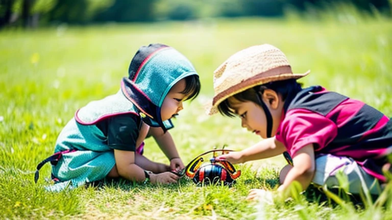 Children playing with beautiful beetles in the grassland、Children playing with beautiful beetles in the grassland、Colorful Mushiking