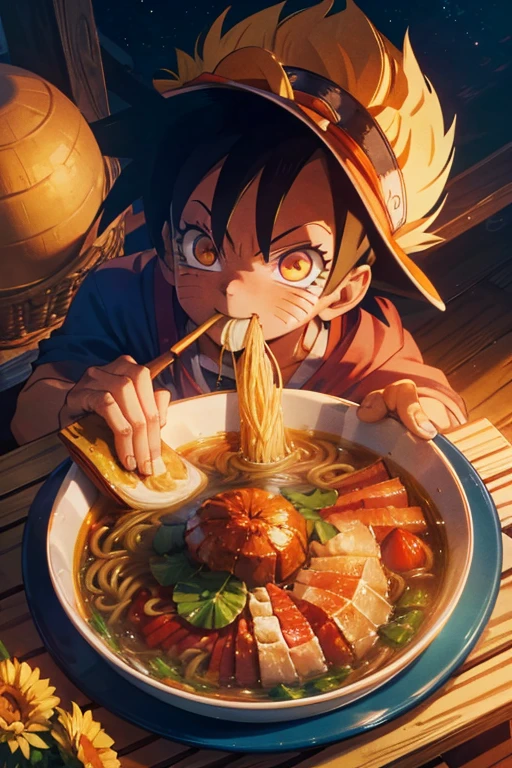 naruto kurama mode, goku ultra instinct blue, luffy nika with yellow straw hat eating ramen happy