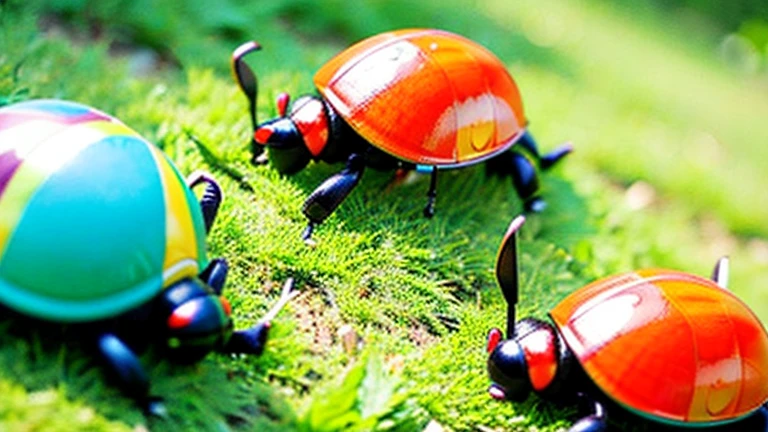 Children playing with beautiful beetles in the grassland、Children playing with beautiful beetles in the grassland、Colorful Mushiking