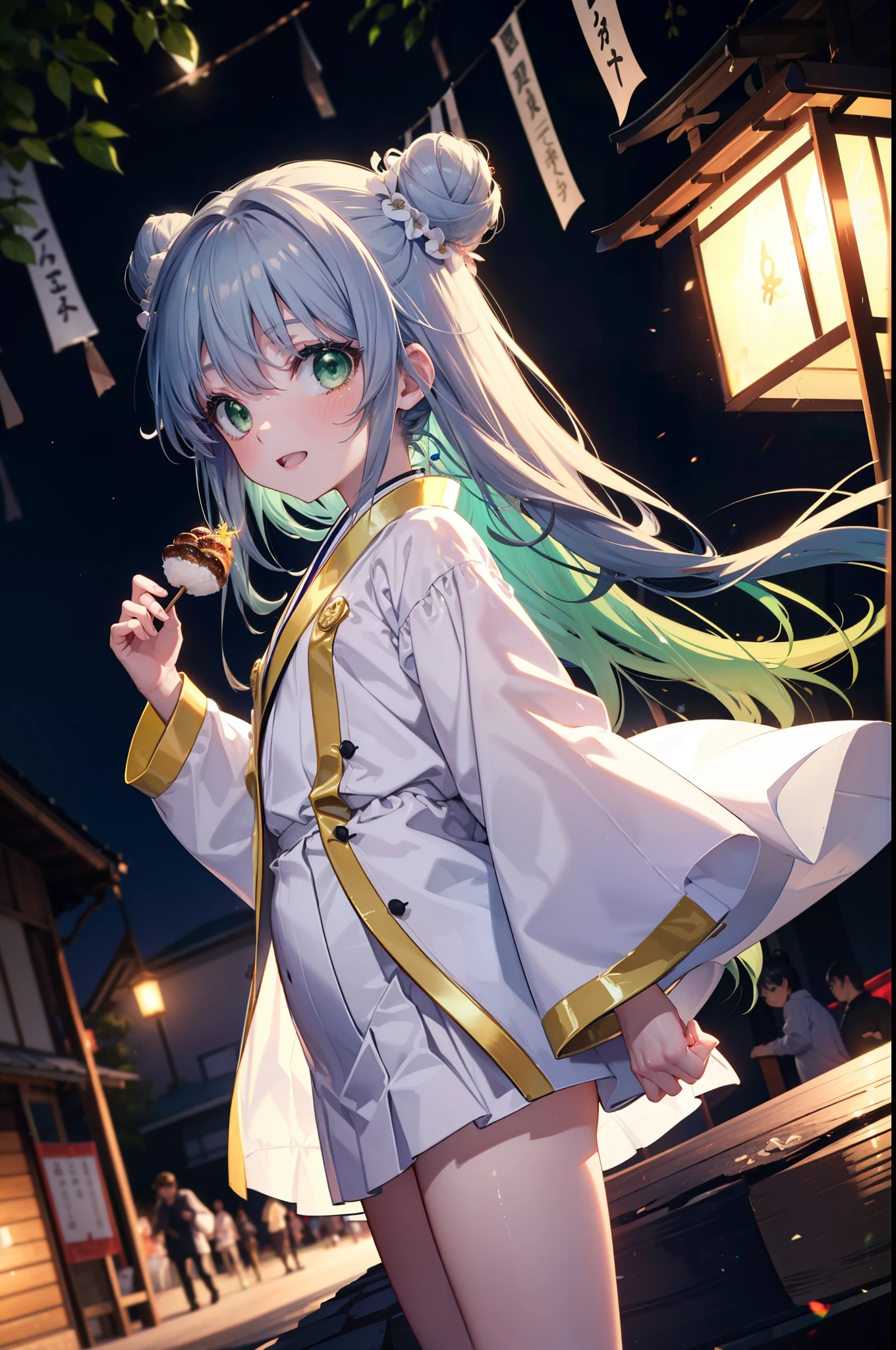 index, index, (Green Eyes:1.5), Blue Hair, Long Hair, (Flat Chest:1.2),smile,blush,Happy atmosphere,Open your mouth,Long Hair,Hair Bun, double Hair Bun,White bathrobe,Long sleeve,mini skirt,Sandals,White tabi,night空の花火,Fireworks display,Japanese Festivals,Summer festival food stalls,Red Lantern, night,whole bodyがイラストに入るように,Looking down from above,He is holding cotton candy in his right hand,
break outdoors, shrine, break looking at viewer,whole body,(Cowboy Shot:1. 5)
break (masterpiece:1.2), highest quality, High resolution, unity 8k wallpaper, (shape:0.8), (Beautiful and beautiful eyes:1.6), Highly detailed face, Perfect lighting, Extremely detailed CG, (Perfect hands, Perfect Anatomy),