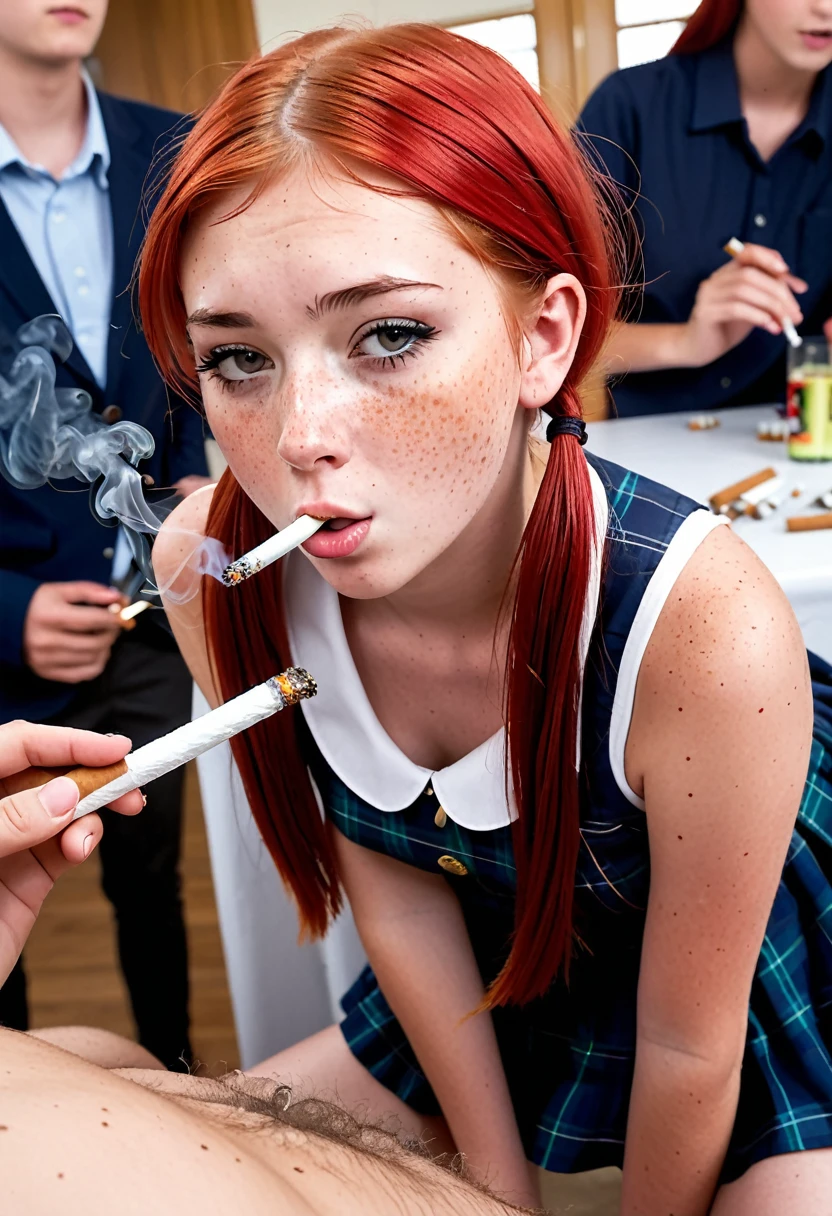 A teen girl getting  from the back, ,  in , rapidly smoking cigarettes,  very hard on the cigarette, teenager, lots of cigarette ash, very long cigarette ash, small breasts, red hair, pigtails, freckles, at a party, school girl, disgusting slut
