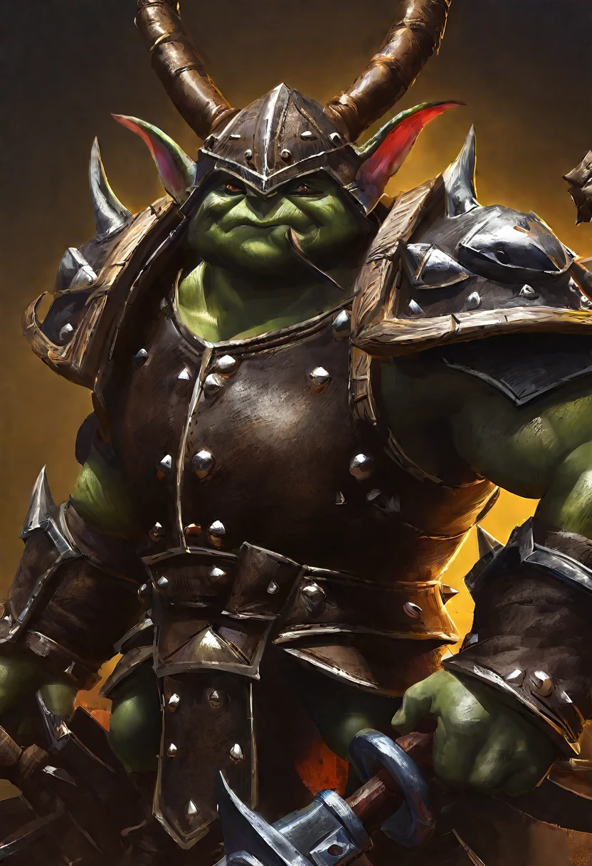 a goblin warrior, medium-sized, heavily muscular, wearing studded leather armor, holding a pickaxe, wearing an oversized helmet made from a beetle's head, highly detailed, hyper-realistic, intricate details, digital painting, muted colors, dramatic lighting, cinematic composition, fantasy art style