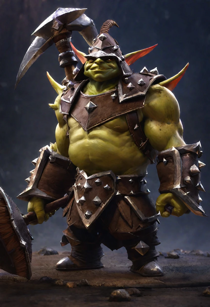 a goblin warrior, medium-sized, heavily muscular, wearing studded leather armor, holding a pickaxe, wearing an oversized helmet made from a beetle's head, highly detailed, hyper-realistic, intricate details, digital painting, muted colors, dramatic lighting, cinematic composition, fantasy art style