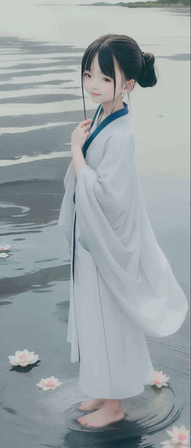 ((4k,masterpiece,best quality)), shuimobysim, traditional chinese ink painting, lotus,  hanfu, maxiskit, dress nicely 
1 boy, partner(with another boy), long blue hair (both), smile, standing, feet in the water, barefoot.
 