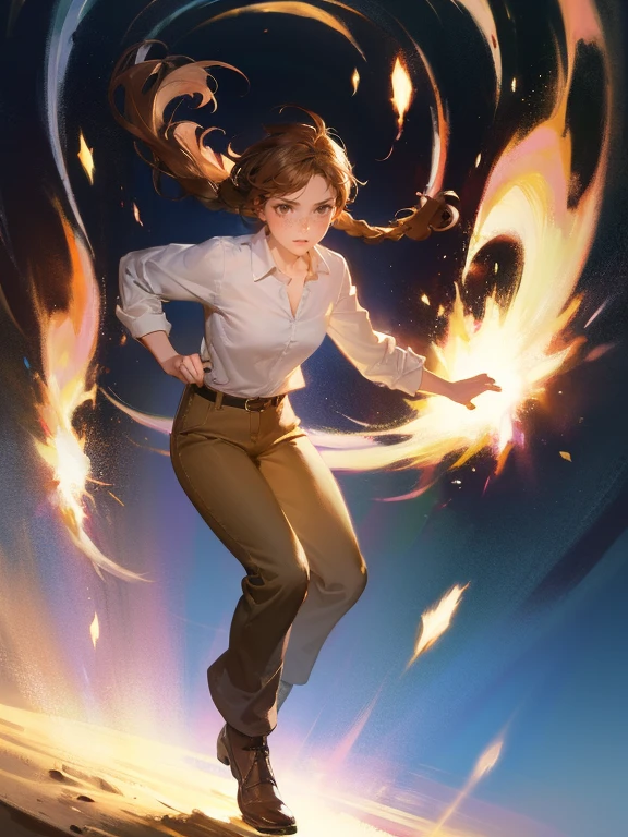 masterpiece, best quality, rpg character art, epic fantasy art style, 1 girl, Lily, 11 year old girl using her wind powers to create a tornado, ???, serious and focused expression, super human powers, full body fantasy concept art, caramel brown hair in 2 long braids, brown eyes, freckles, high detail, (wearing light adventurer gear, brown and white shirt, brown pants coming to the ankles), intricate details, ultra high resolution, sharp focus, HD, 8k, clear facial features, clear details, zoomed out view, particles, dust, and debris, dynamic and action packed background, dynamic camera angles