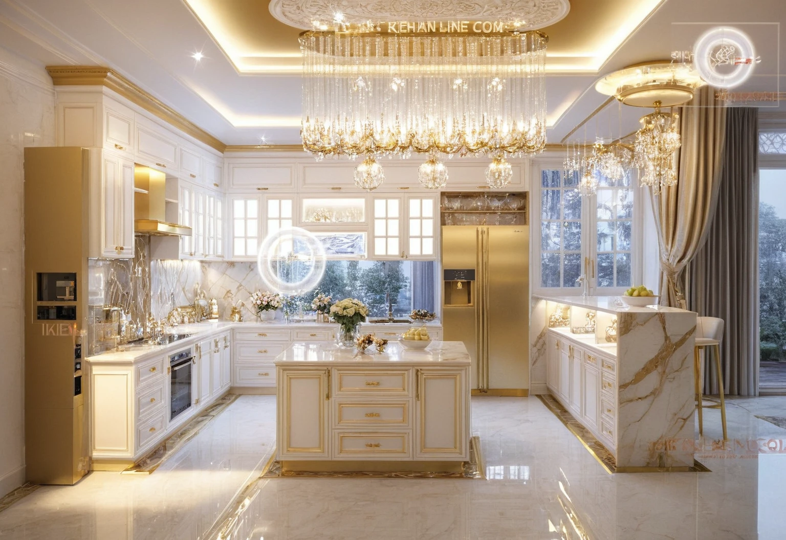 Masterpiece, Best quality,8K, Ultra-high resolution,When you step into the Kitchen and dinning room,Immediately surrounded by a rich atmosphere of luxury。Ornate crystal chandeliers hang high on the wall,Shine brightly。Kitchen island  was covered with a soft white fluffy blanket,It is so comfortable,So much so that you can't help but indulge in it。Embellished with precious porcelain and white-off gold ornaments。Whenever it is late afternoon,The afterglow from the window spilled on the floor,Soft light and shadow are reflected,It was as if entering a dreamland。