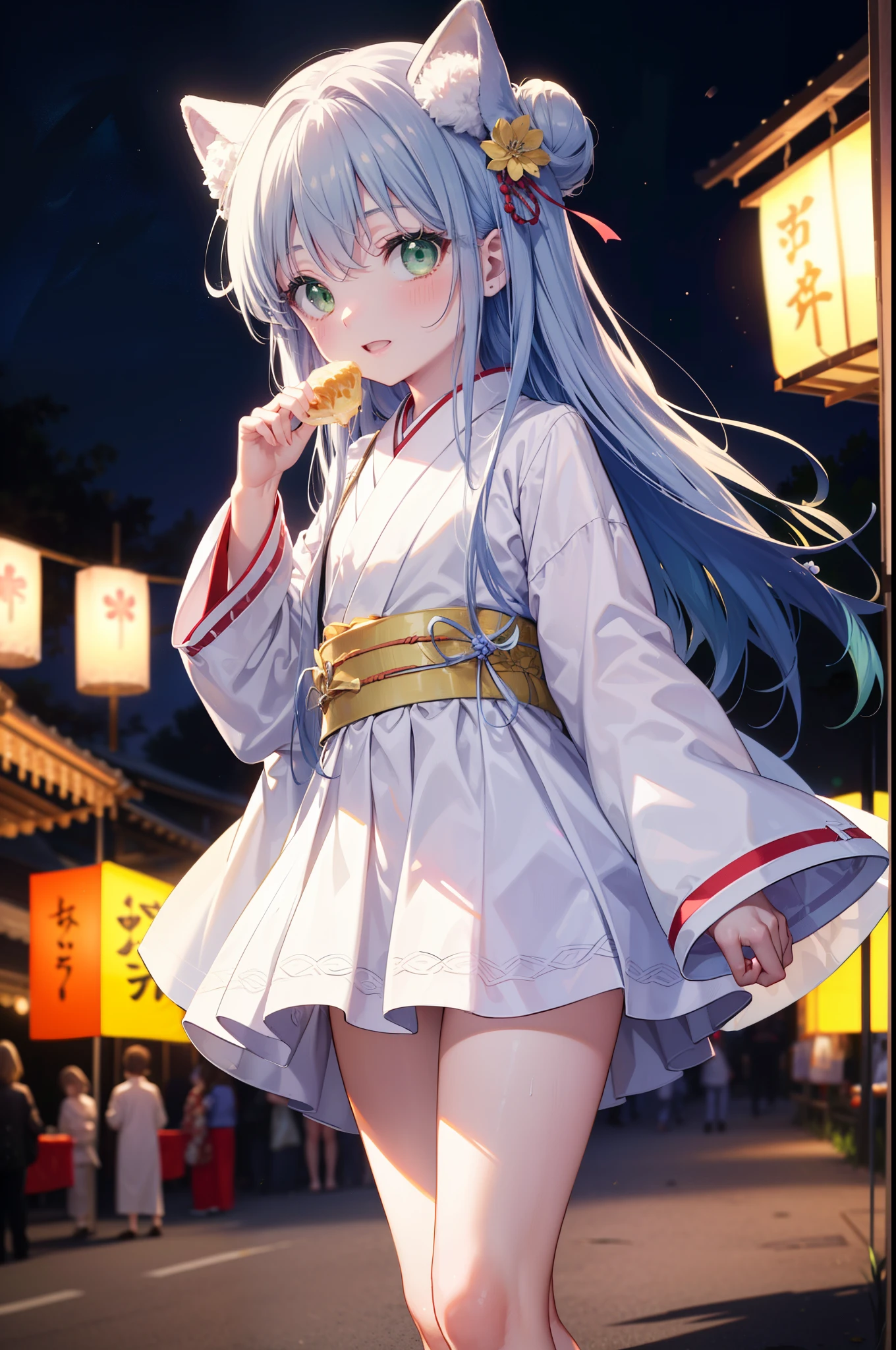index, index, (Green Eyes:1.5), Blue Hair, Long Hair, (Flat Chest:1.2),smile,blush,Happy atmosphere,Open your mouth,Long Hair,Hair Bun, double Hair Bun,White bathrobe,Long sleeve,mini skirt,Sandals,White tabi,night空の花火,Fireworks display,Japanese Festivals,Summer festival food stalls,Red Lantern, night,whole bodyがイラストに入るように,Looking down from above,He is holding cotton candy in his right hand,
break outdoors, shrine, break looking at viewer,whole body,(Cowboy Shot:1. 5)
break (masterpiece:1.2), highest quality, High resolution, unity 8k wallpaper, (shape:0.8), (Beautiful and beautiful eyes:1.6), Highly detailed face, Perfect lighting, Extremely detailed CG, (Perfect hands, Perfect Anatomy),