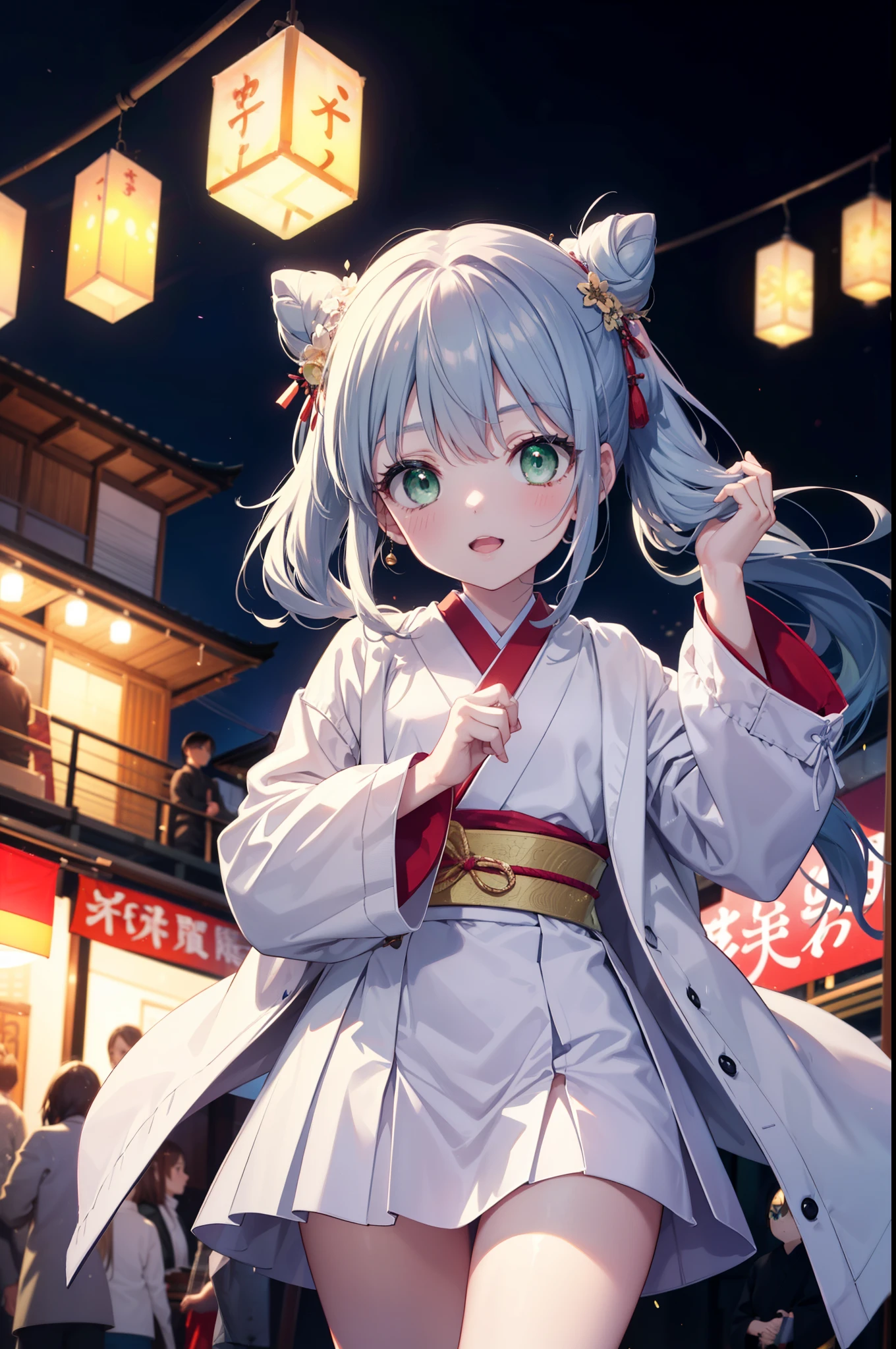 index, index, (Green Eyes:1.5), Blue Hair, Long Hair, (Flat Chest:1.2),smile,blush,Happy atmosphere,Open your mouth,Long Hair,Hair Bun, double  Hair Bun,White bathrobe,Long sleeve,mini skirt,Sandals,White tabi,night空の花火,Fireworks display,Japanese Festivals,Summer festival food stalls,Red Lantern, night,whole bodyがイラストに入るように,Looking down from above,He is holding cotton candy in his right hand,
break outdoors, shrine,                                              break looking at viewer,whole body,(Cowboy Shot:1. 5)
break (masterpiece:1.2), highest quality, High resolution, unity 8k wallpaper, (shape:0.8), (Beautiful and beautiful eyes:1.6), Highly detailed face, Perfect lighting, Extremely detailed CG, (Perfect hands, Perfect Anatomy),