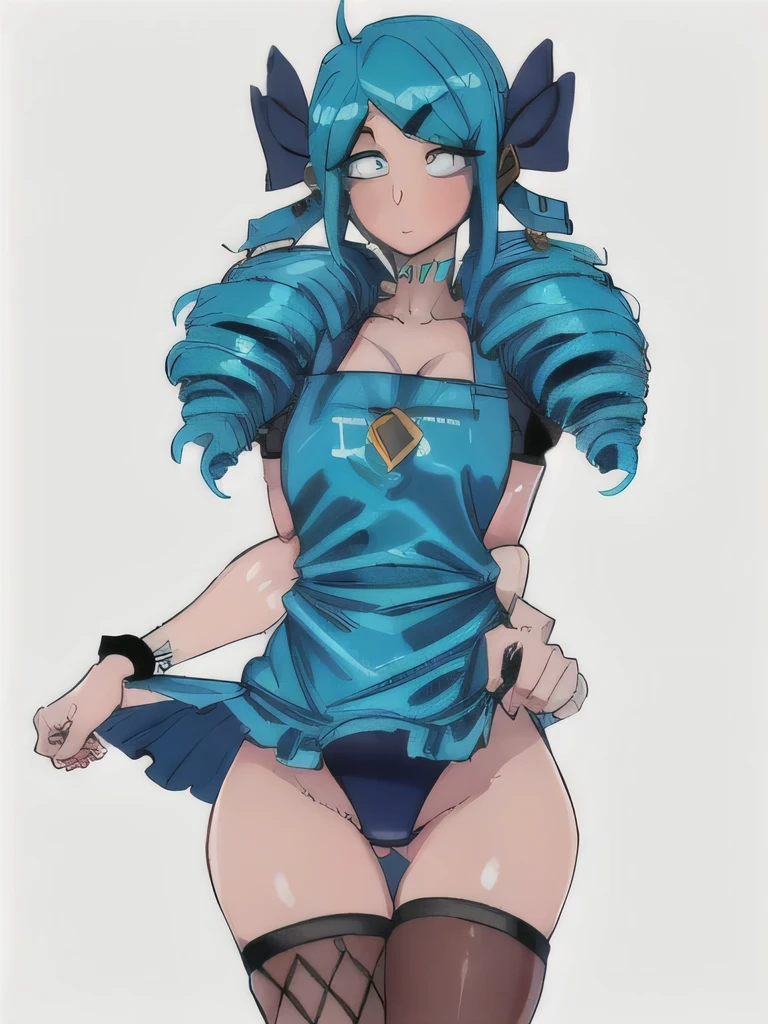 1 girl, Blue eyes, blue hair, Drill hair, gwen \(League of Legends\), in an apron and red thong, hair ornament, a high resolution, League of Legends, long hair, X, X hair ornament, 