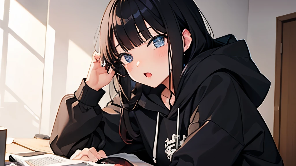 high school girl、Waking up、anime、smartphone、Hoodie、Black Hair、blunt bangs、drunken eyes