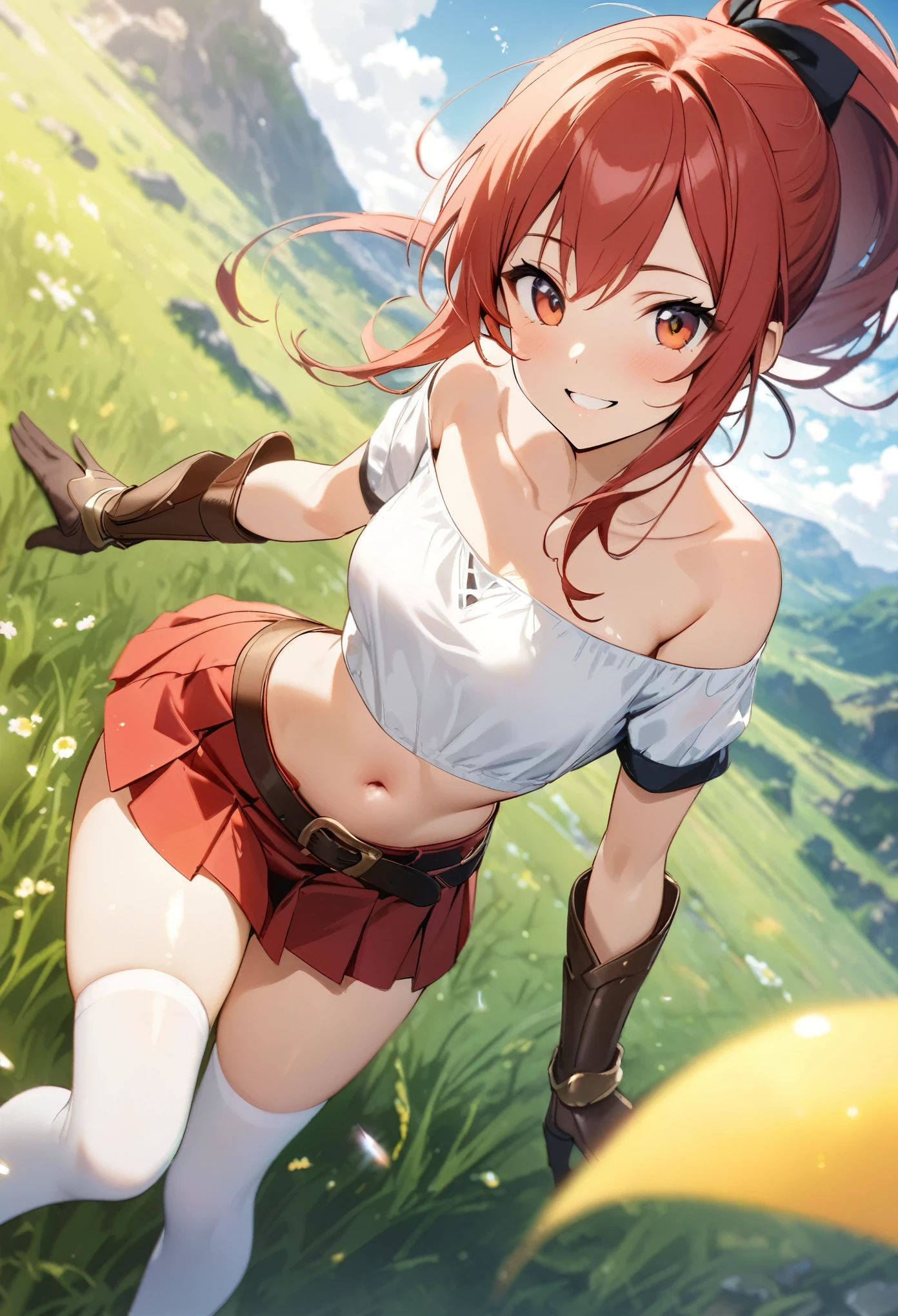 ((masterpiece, highest quality:1.3)),Female Thief、cowboy shot,25 year old beauty,solo,((very small head)),red hair,ponytail hair,long hair,red eyes,blunt,skinny,medium breasts,((long body)),slender body,skinny,shiny skin,oily skin,A strong smile、Off-the-shoulder blouse、Crop length、navel、Short sleeve、Brown Leather Gauntlets、Pleated red mini skirt、white_thighhighs、grassland、sunny、