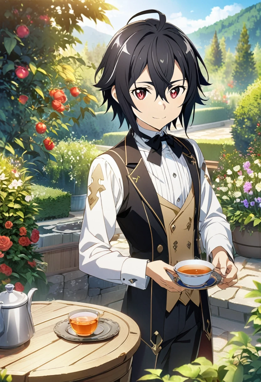 Hyakuya Mikaela \(Sword Art Online\), (short black hair), (ruby red eyes):1.2, butler costume, bangs, gentle smile, ((ultra-detailed)), ((illustration)), ((neat hair)), (beautiful detailed eyes), male, 1boy, preparing tea, ((garden, sky)), looking at viewer