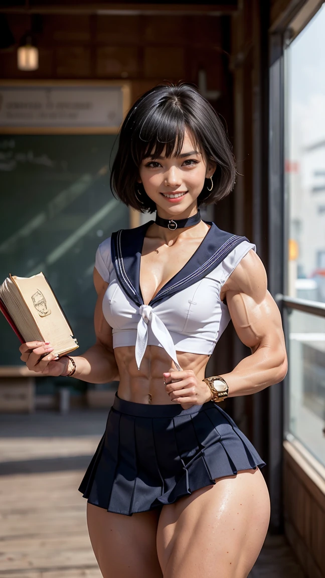 (Muscular:2.4), (thick thighs:2.5), (asian female:1.5), adult, (blunt bangs, black hair:1.5), (glasses:1.2), earrings, eyeshadow, lipstick, (upper body view:1.4), (striations), (hard nipples), (small perky breasts:1.4), wearing a watch, wearing a bracelet, (choker, school top, sailor uniform, midriff, rolled up sleeves, cleavage, flared skirt:1.8), (sculped muscles:1.6), detailed eyes, (athletic body:1.5), (muscular body:2), (looking at viewer), (big smile:1.5), office, rim lighting, two tone lighting, dimly lit, clean skin, low key (DETAILED SKIN), three quarter view, (carrying books:1.3)