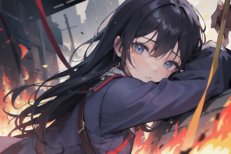 "4K Spectacular Scenes: An adult human lying in the middle of a chaotic battlefield, A tear-soaked face is illuminated by the flickering flames, Surrounded by corpses."