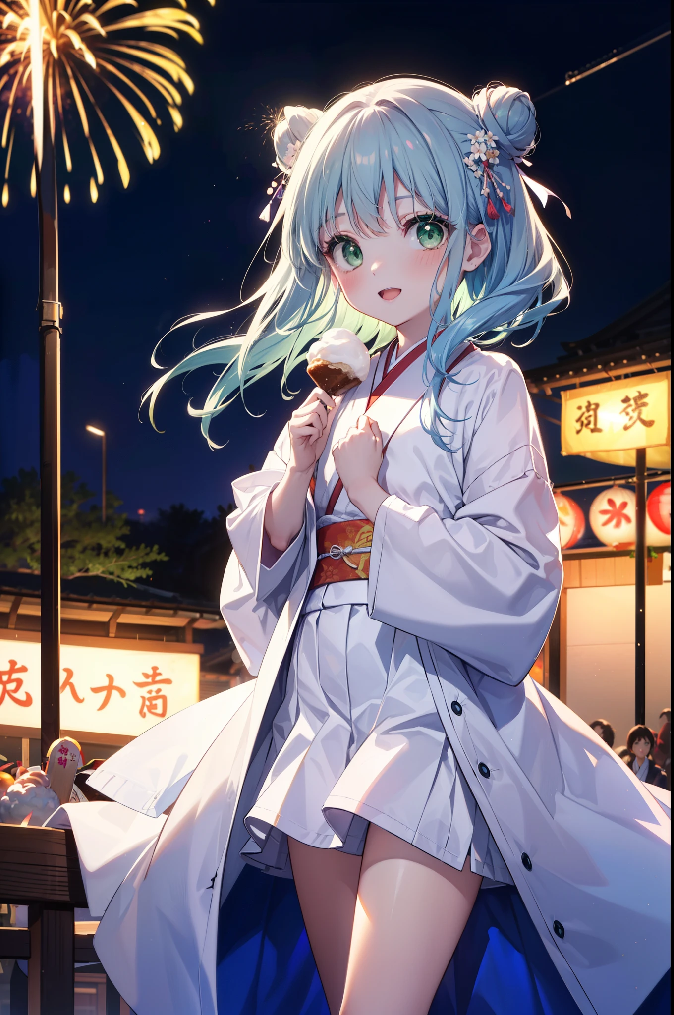 index, index, (Green Eyes:1.5), Blue Hair, Long Hair, (Flat Chest:1.2),smile,blush,Happy atmosphere,Open your mouth,Long Hair,Hair Bun, double Hair Bun,White bathrobe,Long sleeve,mini skirt,Sandals,White tabi,night空の花火,Fireworks display,Japanese Festivals,Summer festival food stalls,Red Lantern, night,whole bodyがイラストに入るように,Looking down from above,He is holding cotton candy in his right hand,
break outdoors, shrine, break looking at viewer,whole body,(Cowboy Shot:1. 5)
break (masterpiece:1.2), highest quality, High resolution, unity 8k wallpaper, (shape:0.8), (Beautiful and beautiful eyes:1.6), Highly detailed face, Perfect lighting, Extremely detailed CG, (Perfect hands, Perfect Anatomy),