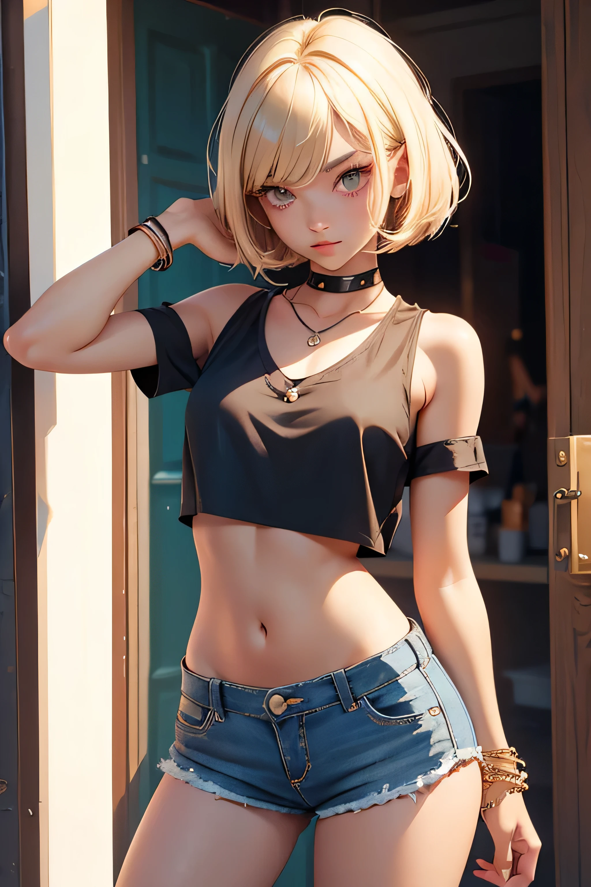 age girl-model 18 years old, beautiful, blonde, bob hair, bangs, brown eyes, beautiful figure, girl wearing crop shirt and too short mini shorts, beautiful long legs, slave bracelets, slave choker, manicure, cute makeup, flirtatiously posing, hot summer, hot flirty, sexy posing, summer outfit, top quality,