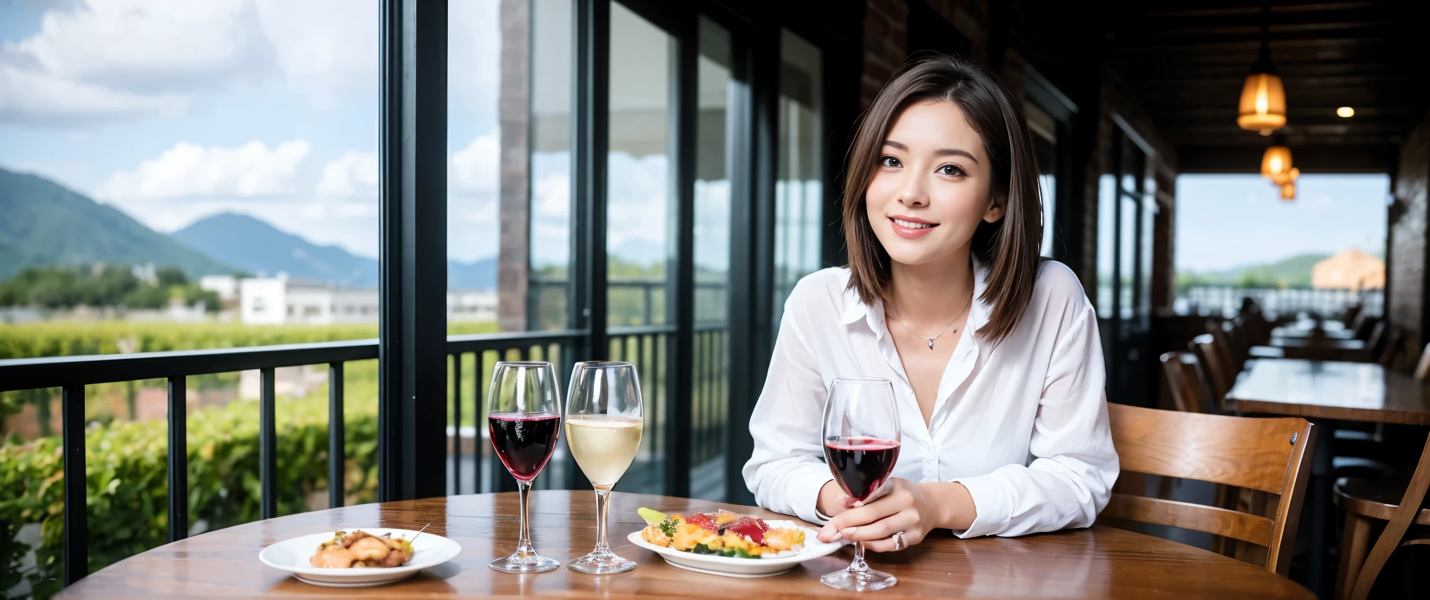 ((highest quality、8k、masterpiece:1.3))、1 male、1 female、Couple、spouse、Couple、Slim body、((Bob Hale、Straight hair:1.2)), (Realistic, Intricate details:1.2), Wine glass on the table、Shine light on your face、 Amazing view of the sunset sky and clouds、Amazing mountain views、A bright smile、The wonderfulness of smile、Bright image、The beauty of wine, Beautiful Face, blue eyes, The light shines on your face, Blushing, short hair,Bright Face、 (Age 37), 39 years old, red wine 、Appetizers、Italian food、Wine bottle、Champagne、sparkling wine、Two beauties、Brown Hair、Shortcuts、Long sleeve shirt、dress、Pretty Woman 1, (Slim face), (The body is slim), (Brown Hair), (Shortcuts), cheeks turn a little red,Attractive beauty、restaurant, In a prominent place (From the waist up) Nova Frog Style, actress, model, Upper Body, White wine, slim, wine glass, Wine glass placed in the center, smile, (smile: 1.15), Beautiful fine grain, Depth f/2,saturation, High Contrast, Strong light and shadow,Moist Body:1.5、3D texture、Delicate eyes、Brown Hair、The hair is very shiny、