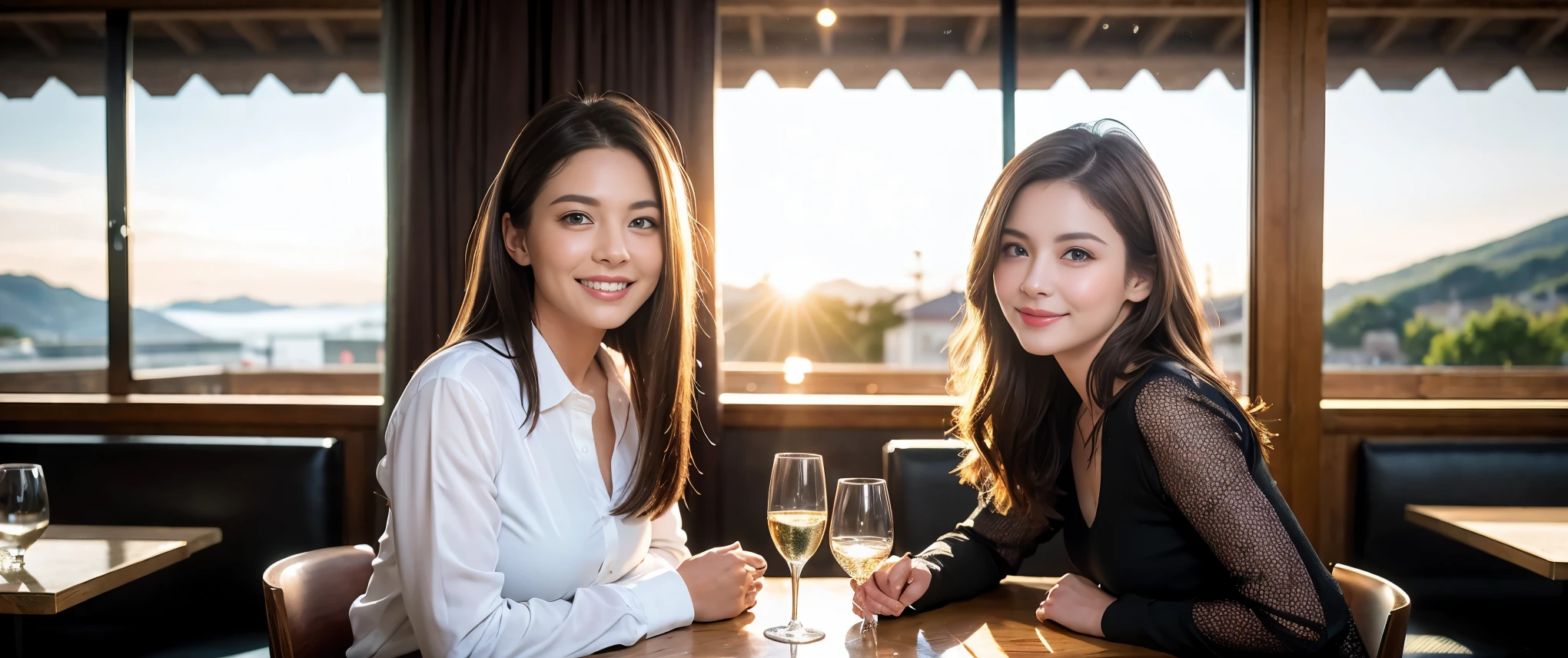 ((highest quality、8k、masterpiece:1.3))、1 male、1 female、Couple、spouse、Couple、Slim body、((Bob Hale、Straight hair:1.2)), (Realistic, Intricate details:1.2), Wine glass on the table、Shine light on your face、 Amazing view of the sunset sky and clouds、Amazing mountain views、A bright smile、The wonderfulness of smile、Bright image、The beauty of wine, Beautiful Face, blue eyes, The light shines on your face, Blushing, short hair,Bright Face、 (Age 37), 39 years old, red wine 、Appetizers、Italian food、Wine bottle、Champagne、sparkling wine、Two beauties、Brown Hair、Shortcuts、Long sleeve shirt、dress、Pretty Woman 1, (Slim face), (The body is slim), (Brown Hair), (Shortcuts), cheeks turn a little red,Attractive beauty、restaurant, In a prominent place (From the waist up) Nova Frog Style, actress, model, Upper Body, White wine, slim, wine glass, Wine glass placed in the center, smile, (smile: 1.15), Beautiful fine grain, Depth f/2,saturation, High Contrast, Strong light and shadow,Moist Body:1.5、3D texture、Delicate eyes、Brown Hair、The hair is very shiny、