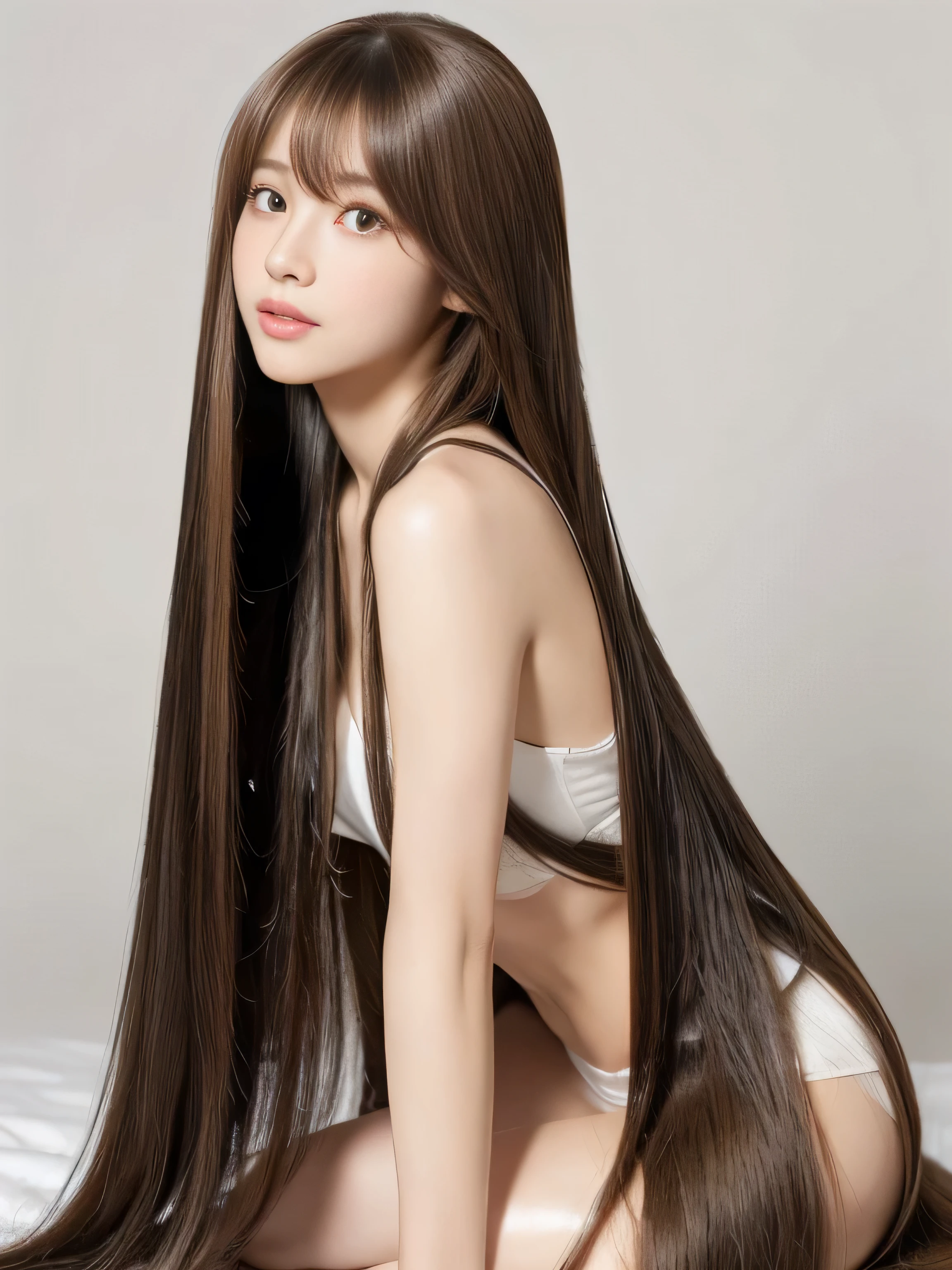 ((Sexy sway back posture:1.2))　1 female　((Beautiful 24 year old hair model with long light brown hair　fell straight down　Reaches up to the kneeVery long hair　highest quality　Highest detail　Reaches up to the knee、Very long hair that lasts forever:1.3　Flowing hair　私ncredibly straight hair　Very shiny そして thick hair　Abnormally long hair that lasts forever　Flowing Hair on both ends　long hair up to the knees:1.2　long hair up to the knees:1.2　Thick and shiny hair　Very free hair　Abnormally long hair!!!!!　Beautiful silky hair　　Beautiful and shiny hair　Beautiful and shiny hair　Beautiful silky hair　Hair that grows to the knees　Very very, Very long hair!!!!!　Very very, Very long hair!!!!!))　(highest quality　The best ultra-fine　Reaches up to the knee、Very long hair that lasts forever　Flowing hair　Her hair is incredibly straight..!!!!!　Very shiny そして thick hair　Abnormally long hair that lasts forever　Flowing Hair on both ends　long hair up to the knees:1.2　long hair up to the knees:1.2　Thick and shiny hair　Very free hair　Abnormally long hair!!!!!　Beautiful silky hair　Super long hair down to the knees　Beautiful and shiny hair　Beautiful and shiny hair　Beautiful silky hair　Hair that grows to the knees　Very very, Very long hair!!!!!　Very very, Very long hair!!!!!))　(Her bangs are perfectly styled、Straight down.:1.3)　((Her hair color is light brown:1.5))　(Pure white wall background Pure white bed)　(Japan&#39;The sexiest and most beautiful 24 year old hair model)　(She looks at the viewer with a very captivating expression..........)　((highest quality)), ((masterpiece)), (Familiar)　(Get used to it)　Perfect Face　(Her skin is a typical Japanese skin color..　And very detailed)　　(Big Breasts:1.3)　(She is wearing a shiny white camisole.)　(She has a beautiful face and a typical Japanese figure...., Narrow eyes)　(She has perfect 美しい and sexy makeup and face　Lipstick is light red　A solid eyeliner)　((Rich 1.4))　(Extremely detailed 8K)　(Ultra-fine skin texture 1.4)　(Actual, Vibrant:1.4), double eyelid　Sharp focus:1.2、Beautiful woman:1.4　Dynamic Lighting　(Genuine RAW photos taken by professional photographers)　　Professional Hair Shine.　(She has a bright and cheerful face)　(Her face is slim and dignified.., length, Narrow eyes..々Nice face)　