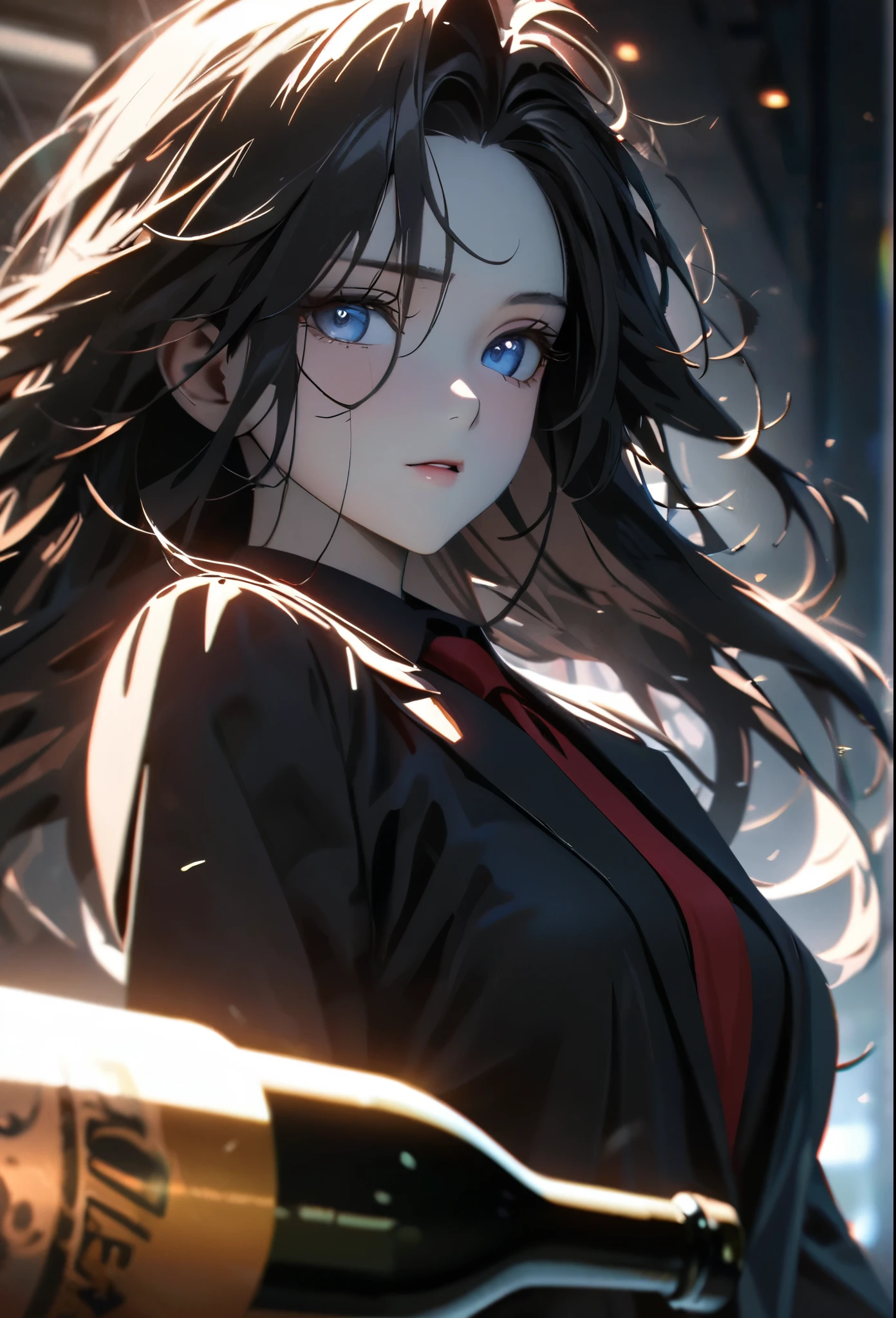 (solo), black hair, messy hair, mane hair, long hair, dense hair, wild hair, expressive hair, mature,(25 year old), pale skin, blue eyes, ((woman)), beautiful girl, wearing a black suit, red tie, beer bottle, beautiful, attractive, eye reflection, depth of field, thunder aura,cinematic lighting, ray tracing, depth of field, cinematic lighting, ray tracing, UHD, high details, best quality, highres, high quality, award winning, super detail, masterpiece, 8k, UHD, high details, best quality, highres, high quality, award winning, super detail, masterpiece, 8k, digital art, anime coloring, body shot, good face, perfect face, detailed face, good eyes. Space