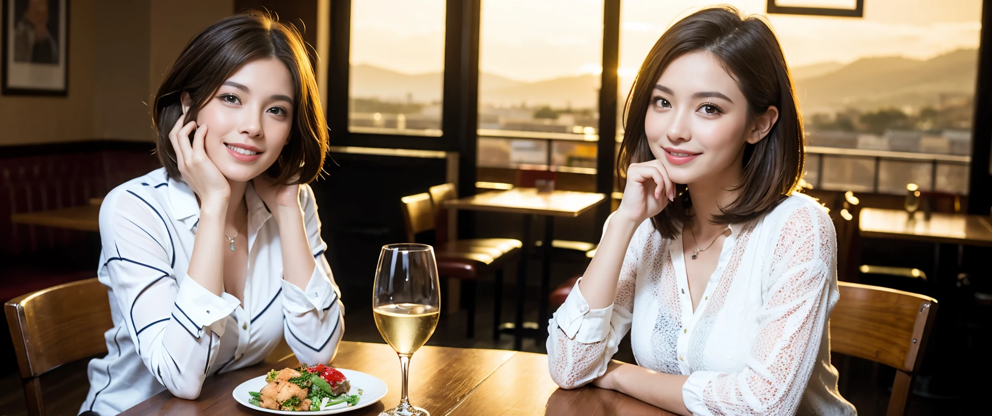 ((highest quality、8k、masterpiece:1.3))、1 male、1 female、Couple、spouse、Couple、Slim body、((Bob Hale、Straight hair:1.2)), (Realistic, Intricate details:1.2), Wine glass on the table、Shine light on your face、 Amazing view of the sunset sky and clouds、Amazing mountain views、A bright smile、The wonderfulness of smile、Bright image、The beauty of wine, Beautiful Face, blue eyes, The light shines on your face, Blushing, short hair,Bright Face、 (Age 37), 39 years old, red wine 、Appetizers、Italian food、Wine bottle、Champagne、sparkling wine、Two beauties、Brown Hair、Shortcuts、Long sleeve shirt、dress、Pretty Woman 1, (Slim face), (The body is slim), (Brown Hair), (Shortcuts), cheeks turn a little red,Attractive beauty、restaurant, In a prominent place (From the waist up) Nova Frog Style, actress, model, Upper Body, White wine, slim, wine glass, Wine glass placed in the center, smile, (smile: 1.15), Beautiful fine grain, Depth f/2,saturation, High Contrast, Strong light and shadow,Moist Body:1.5、3D texture、Delicate eyes、Brown Hair、The hair is very shiny、