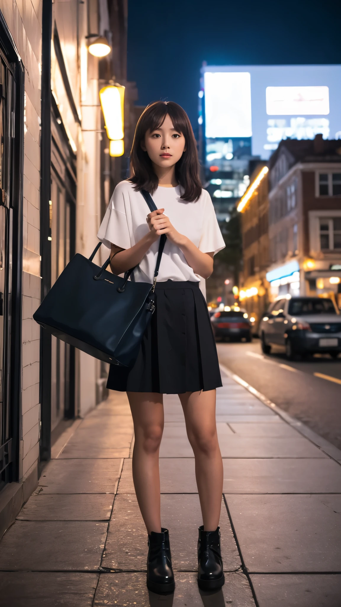 Night Sky, city,  One girl, Are standing, alone, whole body, , Maribe, Puff short sleeves,  Cape, bag