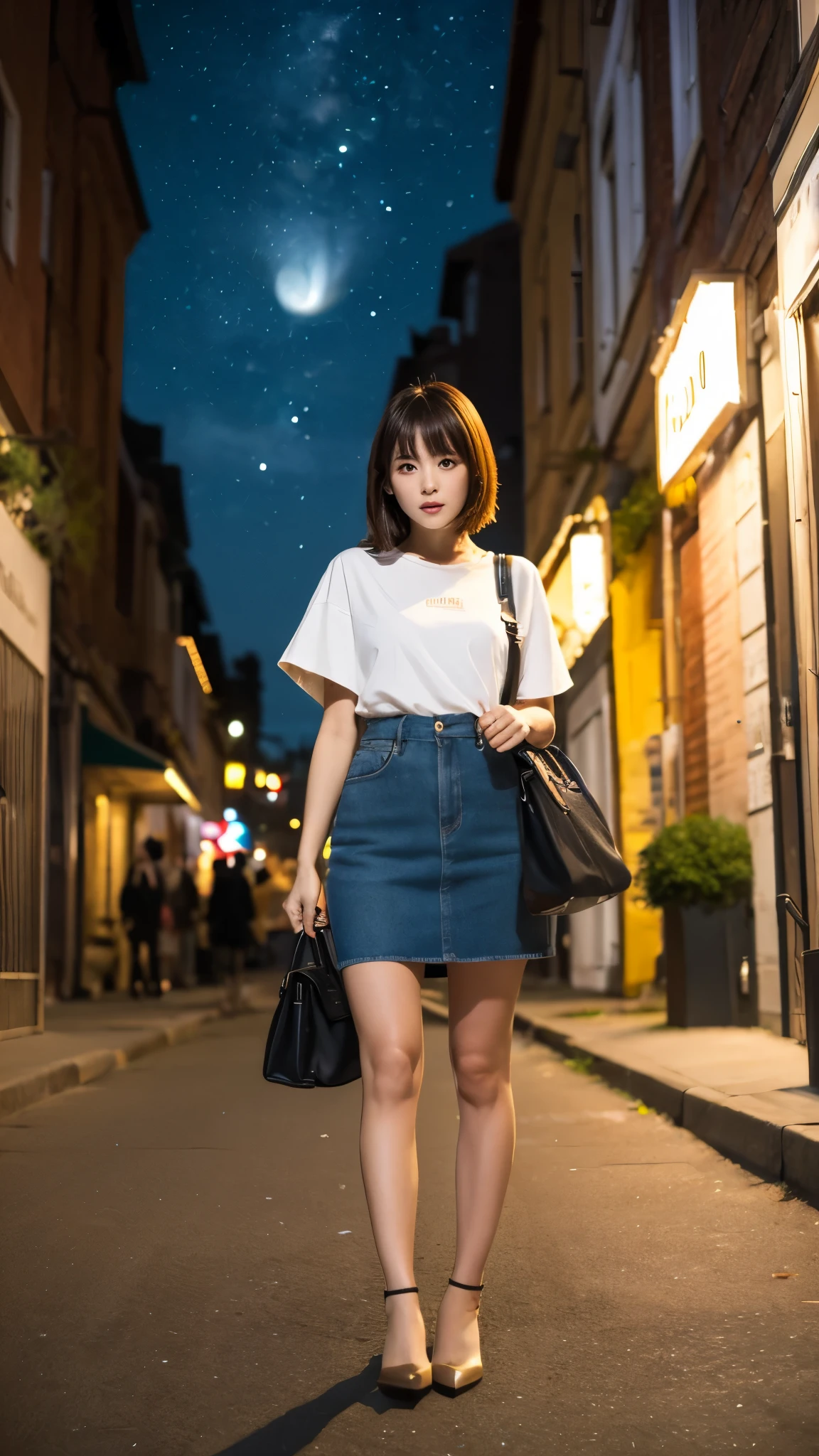 Night Sky, city,  One girl, Are standing, alone, whole body, , Maribe, Puff short sleeves,  Cape, bag