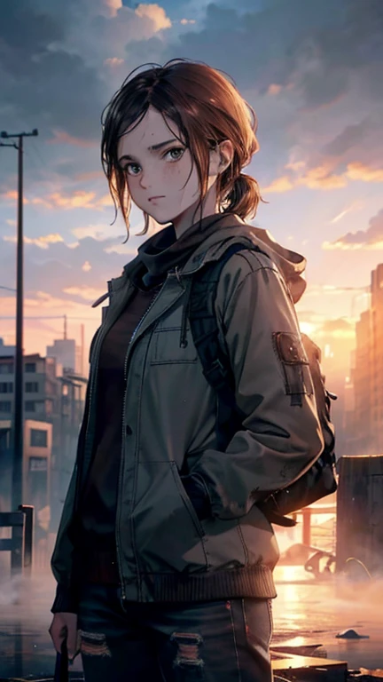 (masterpiece, Best quality) tall woman, One, Medium short hair, dirty hair, straight hair, Brown hair, Brown eyes, Ellie Williams, blood on clothes, standing, (Dirty gray coat, Black ripped pants), dirty backpack on your back, sad look, Red cheeks, I look at the viewer, 16K, face camera, sharp focus, dramatic lighting, shadow, anime style, shine, Digital illustration, Anatomically correct, throw, in the center of the image, wallpaper, HDR, Ray-traced image, beautiful detailed face, beautiful detailed eyes, highly detailed skin, visible pores, sharp focus, Abandoned city, sunset, focus on the face