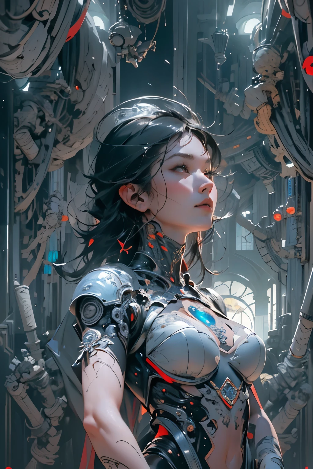 Realistic visual effects,Artistic refinement,charming beauty, dramatic contrast, Atmospheric Depth,Intimate moments, Long-lasting charm, Realistic depiction,Realistic accuracy, evoke emotions, Emotional Depth, compelling symbolism, Small Breasts, 1 Girl,Solitary,(looking at the audience),(whole body:1.4), (Dazzling atmosphere, Fascinating light, Ethereal atmosphere, Fascinating light, Evocative colors, Attractive colors, Dramatic Lighting, Charming aura:1),armor robot,(High level of detail:1.5),Unreal Engine,3d rendering,negative photography, complex 3d rendering ultra detailed of a beautiful porcelain profile woman android face, (robot:1.3), ic parts, 150 mm, Beautiful studio soft lighting, (Rim Light:0.63), Vivid details, Luxury Cyberpunk, Lace, hyperPractical, Anatomy, Facial muscles, Cables and wires, Microchips, elegant, Beautiful background, Octane Rendering, H. R. Giger style, 8K, best quality, masterpiece, illustration, Extremely delicate and beautiful, Very detailed ,CG ,Unite ,wallpaper, (Practical, photo-Practical:1.37),Astonishing, Fine details, masterpiece,best quality,Official Art, Very detailed CG Unite 8K wallpaper, absurd, incredibly absurd, , Silver Helmet,