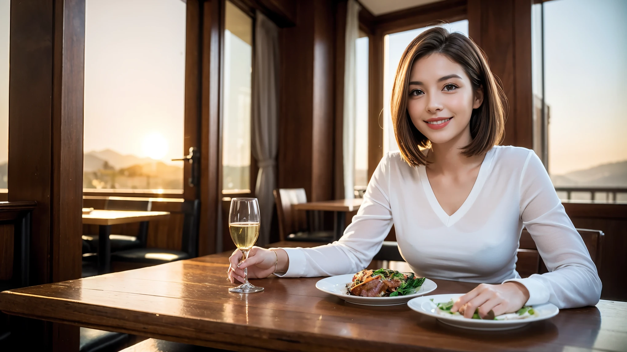 ((highest quality、8k、masterpiece:1.3))、1 male、1 female、Couple、spouse、Couple、Slim body、((Bob Hale、Straight hair:1.2)), (Realistic, Intricate details:1.2), Wine glass on the table、Shine light on your face、 Amazing view of the sunset sky and clouds、Amazing mountain views、A bright smile、The wonderfulness of smile、Bright image、The beauty of wine, Beautiful Face, blue eyes, The light shines on your face, Blushing, short hair,Bright Face、 (Age 37), 39 years old, red wine 、Appetizers、Italian food、Wine bottle、Champagne、sparkling wine、Two beauties、Brown Hair、Shortcuts、Long sleeve shirt、dress、Pretty Woman 1, (Slim face), (The body is slim), (Brown Hair), (Shortcuts), cheeks turn a little red,Attractive beauty、restaurant, In a prominent place (From the waist up) Nova Frog Style, actress, model, Upper Body, White wine, slim, wine glass, Wine glass placed in the center, smile, (smile: 1.15), Beautiful fine grain, Depth f/2,saturation, High Contrast, Strong light and shadow,Moist Body:1.5、3D texture、Delicate eyes、Brown Hair、The hair is very shiny、